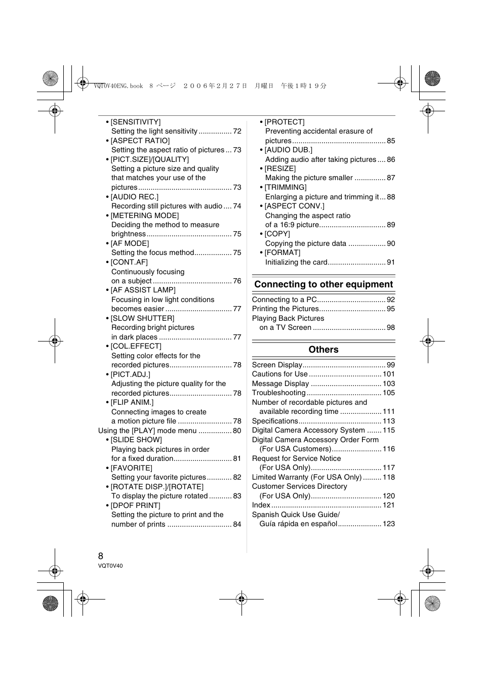 Connecting to other equipment, Others | Panasonic DMC-TZ1 User Manual | Page 8 / 124