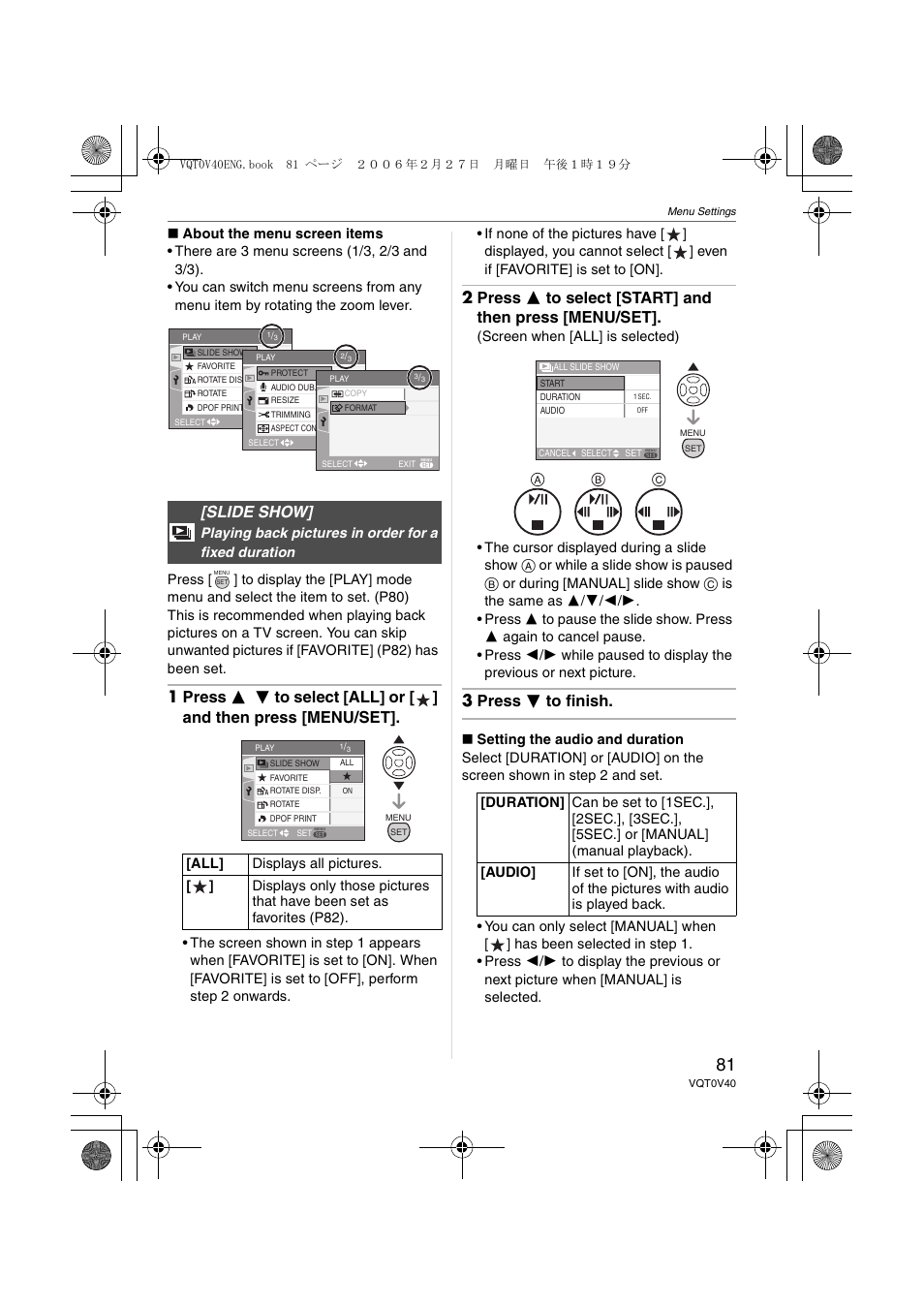 Slide show, 3 press 4 to finish | Panasonic DMC-TZ1 User Manual | Page 81 / 124