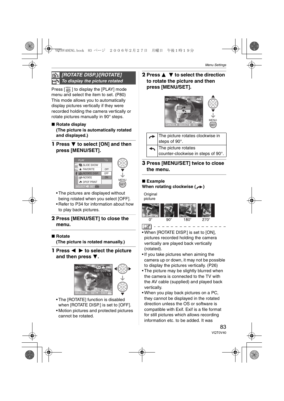 Rotate disp.]/[rotate, 1 press 4 to select [on] and then press [menu/set, 2 press [menu/set] to close the menu | 1 press 2 1 to select the picture and then press 4 | Panasonic DMC-TZ1 User Manual | Page 83 / 124