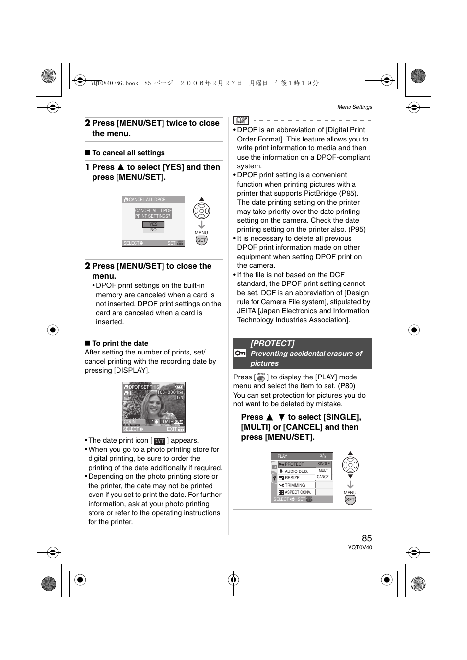 Protect, 2 press [menu/set] twice to close the menu | Panasonic DMC-TZ1 User Manual | Page 85 / 124