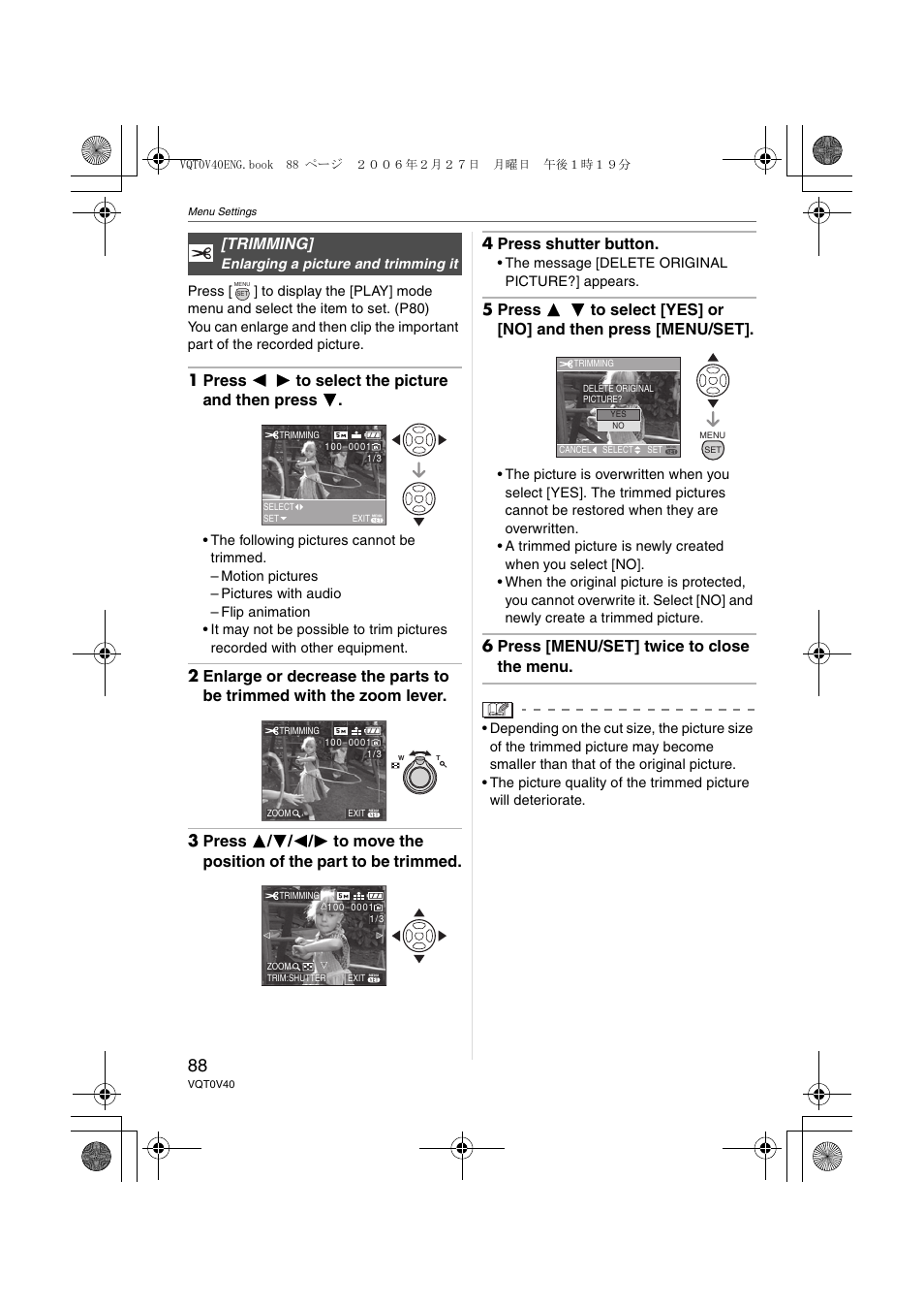 Trimming, 1 press 2 1 to select the picture and then press 4, 6 press [menu/set] twice to close the menu | Panasonic DMC-TZ1 User Manual | Page 88 / 124