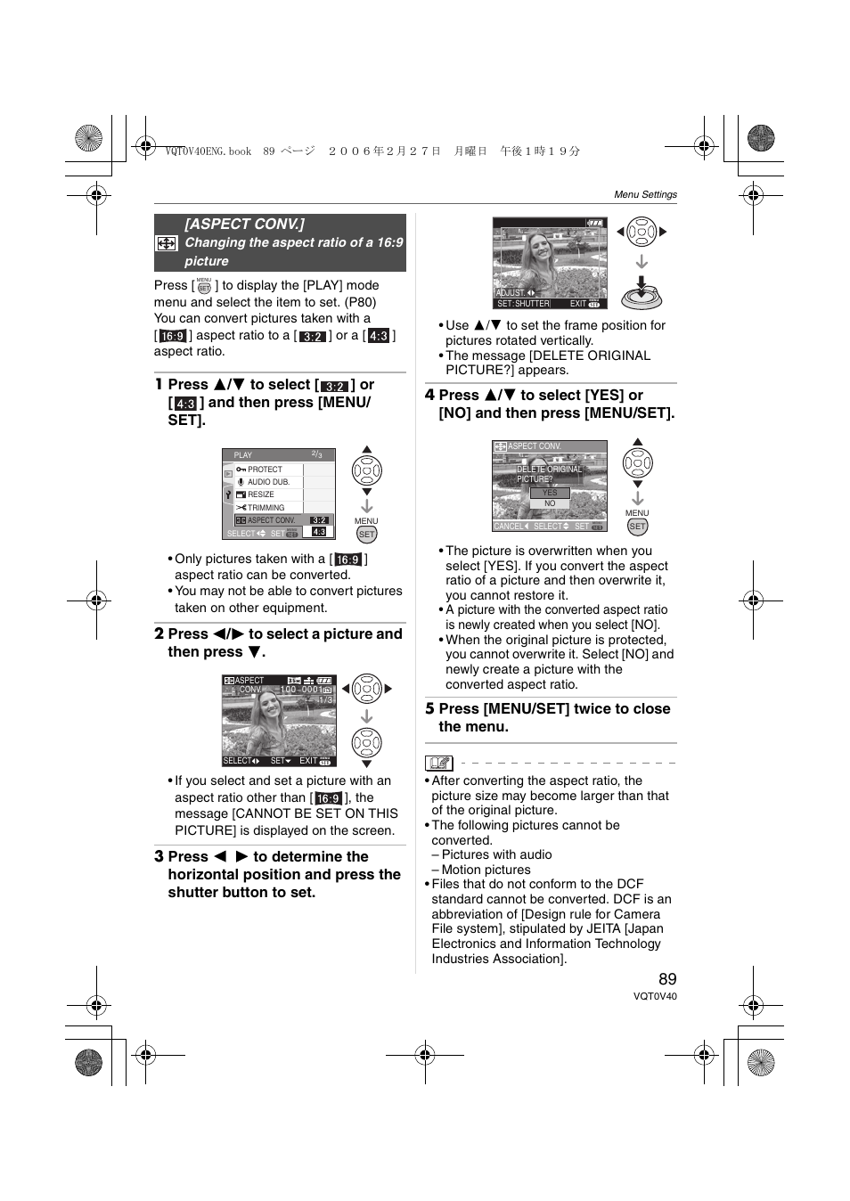 Aspect conv, 2 press 2 / 1 to select a picture and then press 4, 5 press [menu/set] twice to close the menu | Panasonic DMC-TZ1 User Manual | Page 89 / 124