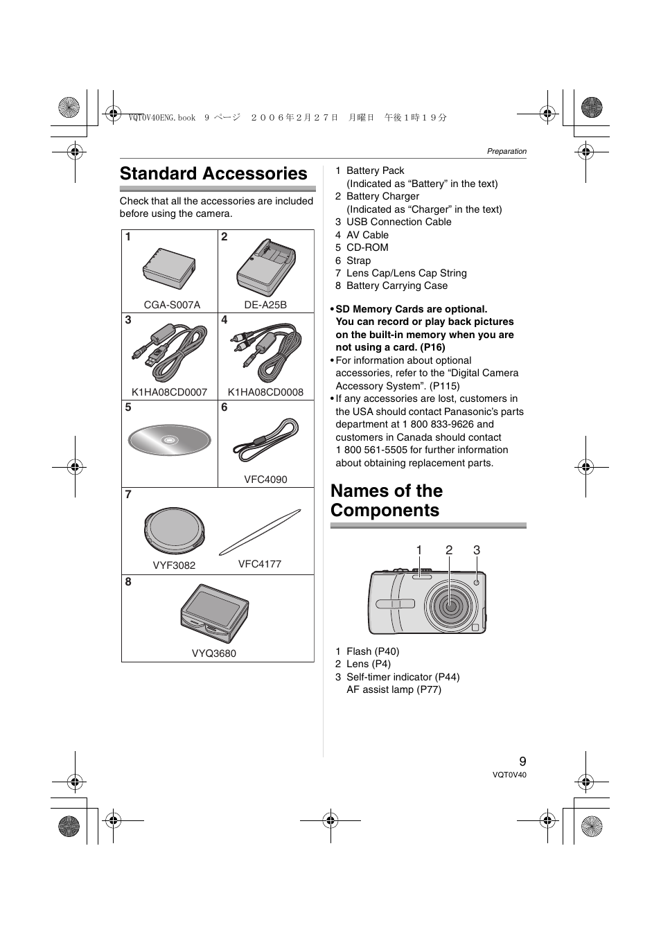 Preparation, Standard accessories, Names of the components | Panasonic DMC-TZ1 User Manual | Page 9 / 124