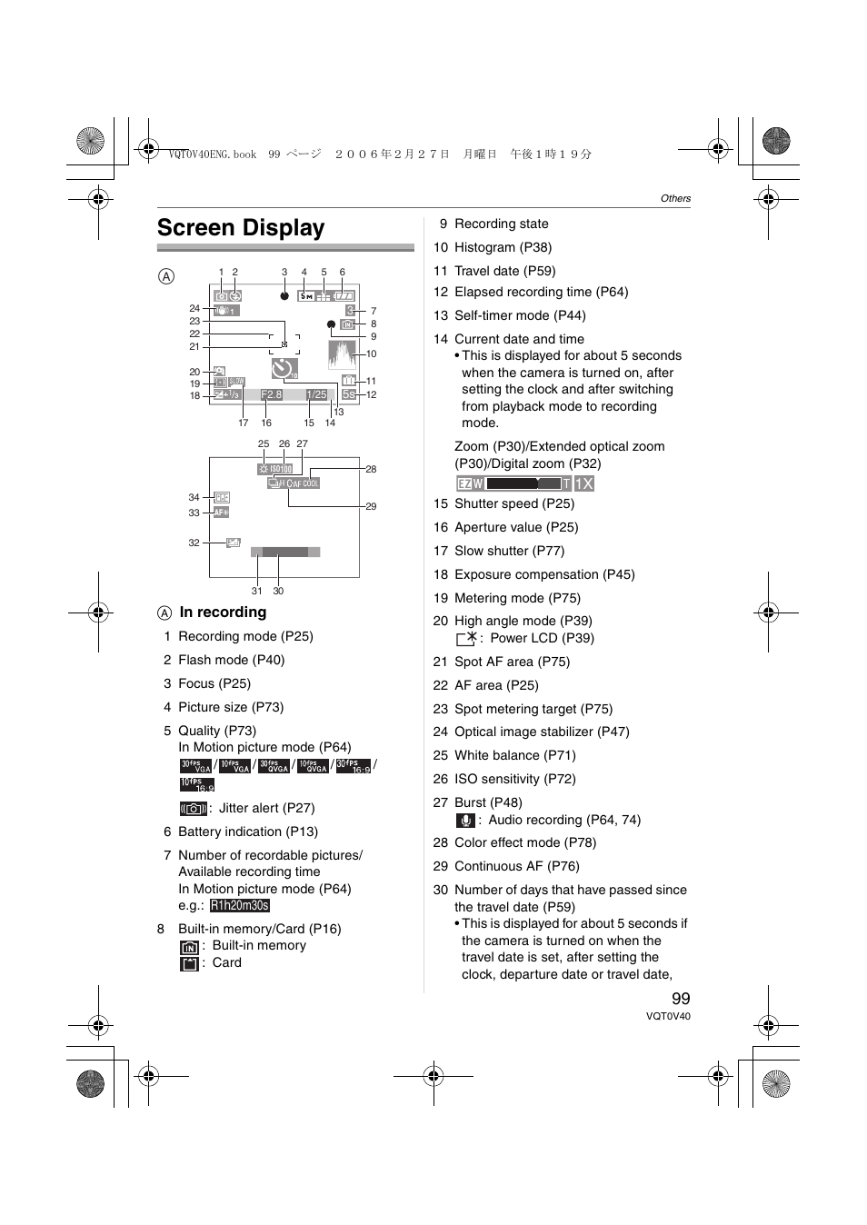 Screen display | Panasonic DMC-TZ1 User Manual | Page 99 / 124