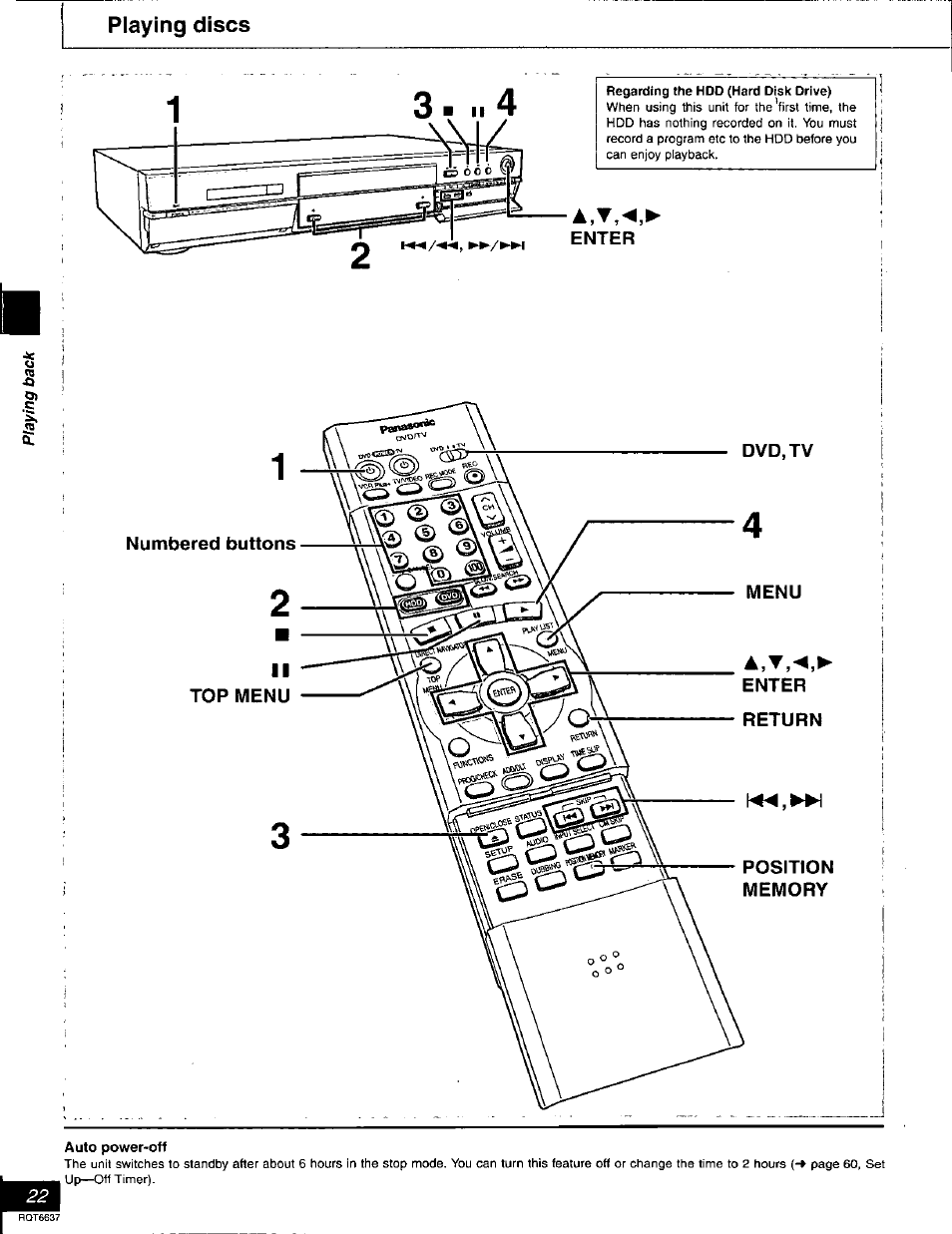 Enter, Numbered buttons, Top menu | Auto power-off | Panasonic DMR-T3040 User Manual | Page 22 / 72