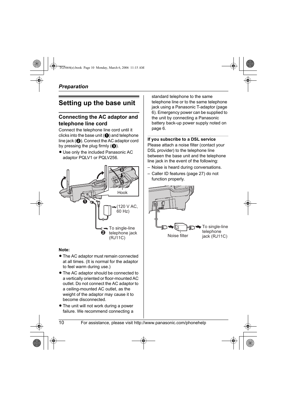 Preparation, Settng up the base unit, Setting up the base unit | Panasonic KX-TG5664 User Manual | Page 10 / 64