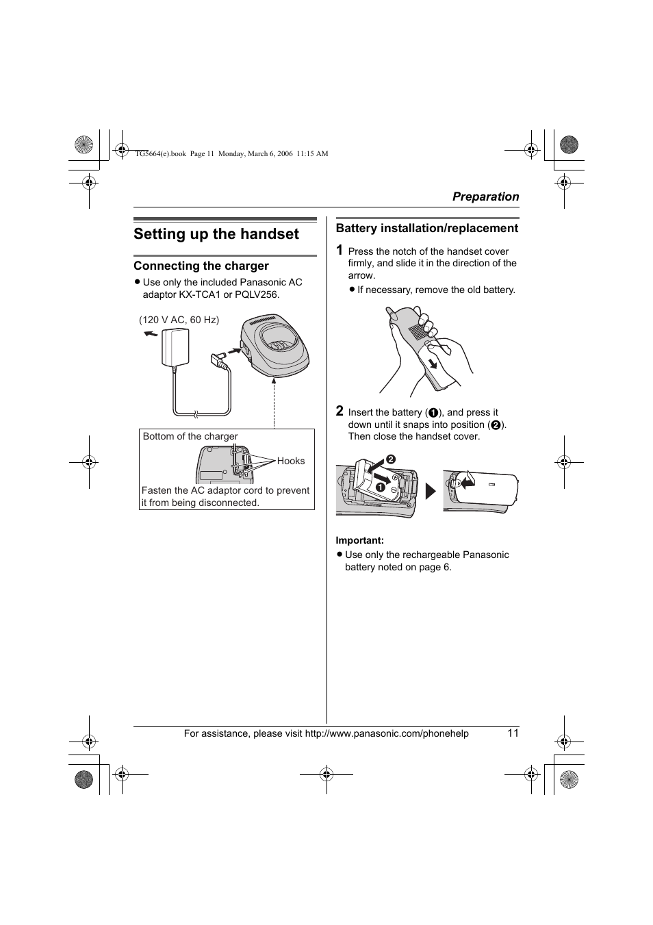 Setting up the handset | Panasonic KX-TG5664 User Manual | Page 11 / 64