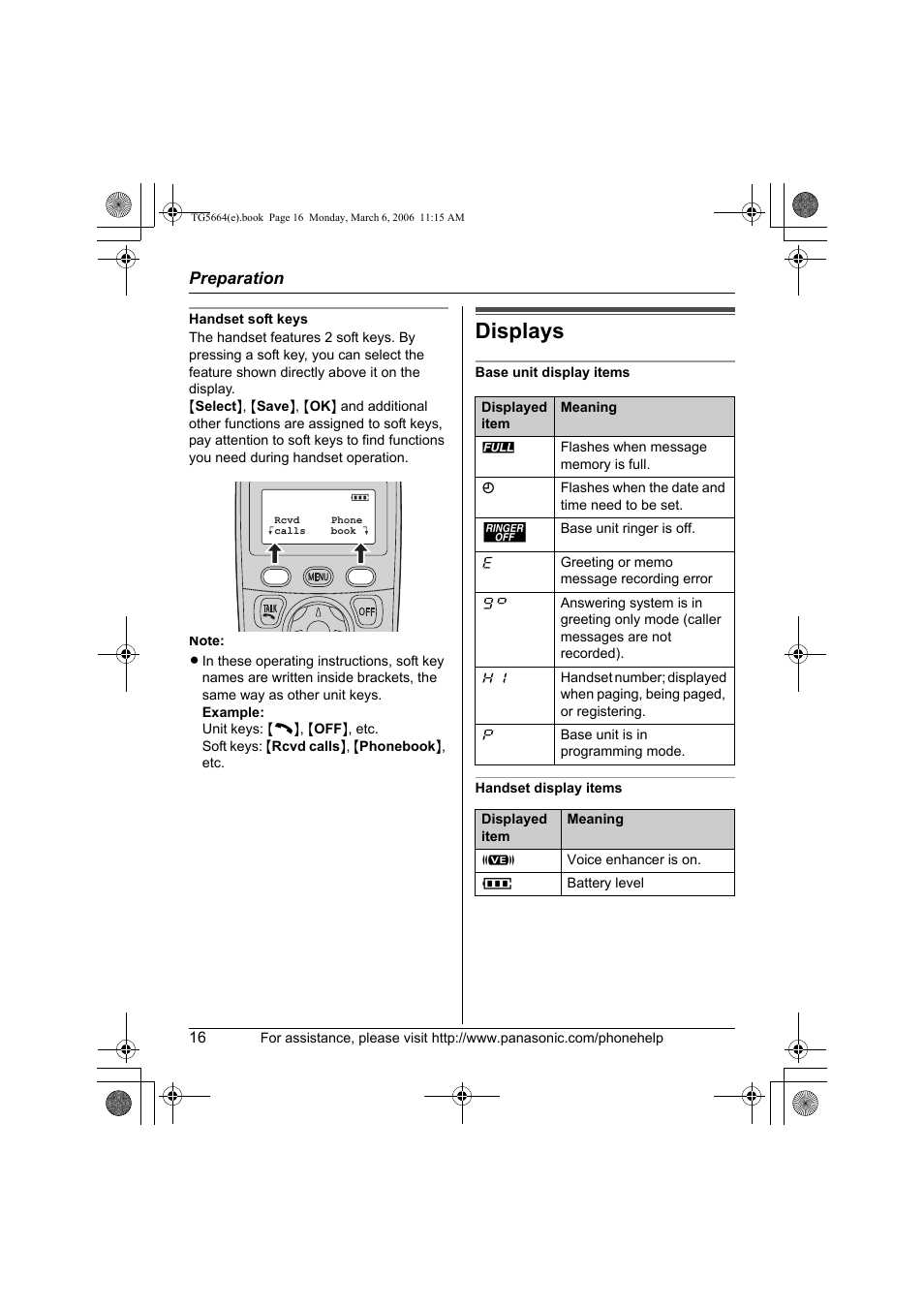 Displays | Panasonic KX-TG5664 User Manual | Page 16 / 64