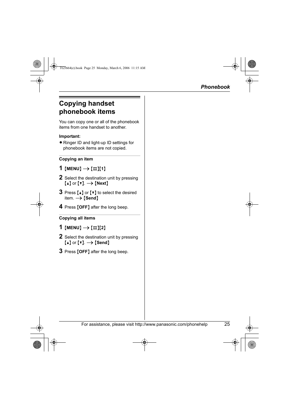 Copying handset phonebook items | Panasonic KX-TG5664 User Manual | Page 25 / 64