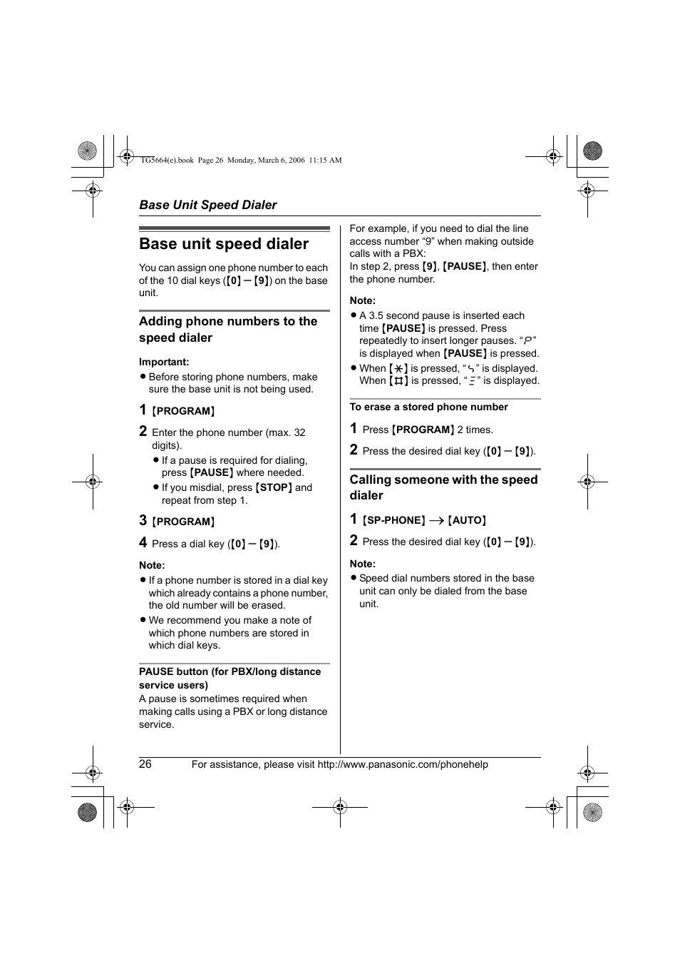 Base unit speed dialer | Panasonic KX-TG5664 User Manual | Page 26 / 64