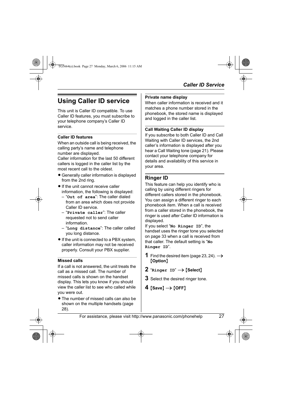 Caller id service, Using caller id service | Panasonic KX-TG5664 User Manual | Page 27 / 64