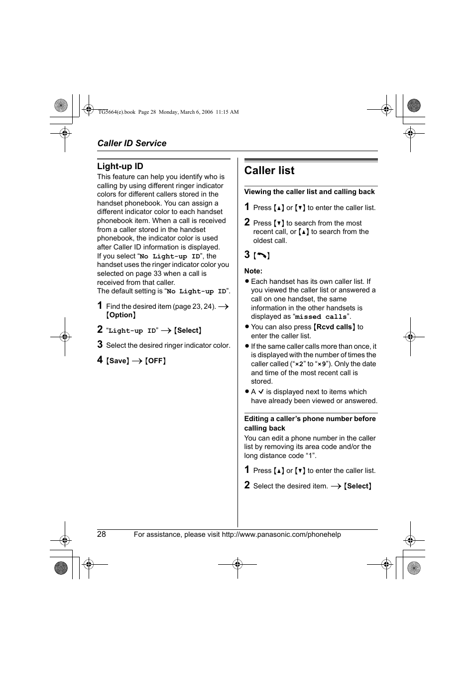 Caller list | Panasonic KX-TG5664 User Manual | Page 28 / 64