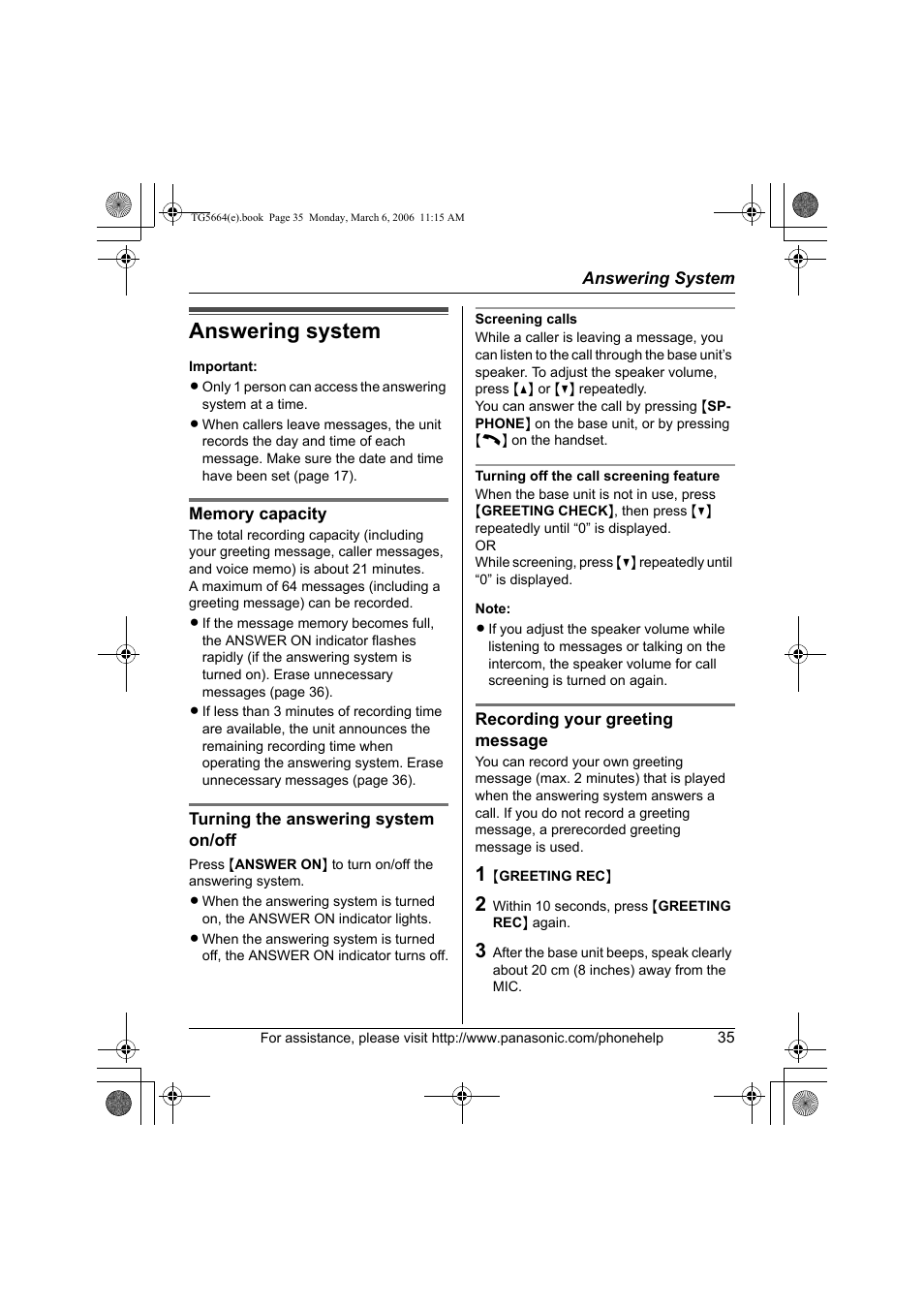 Answering system | Panasonic KX-TG5664 User Manual | Page 35 / 64