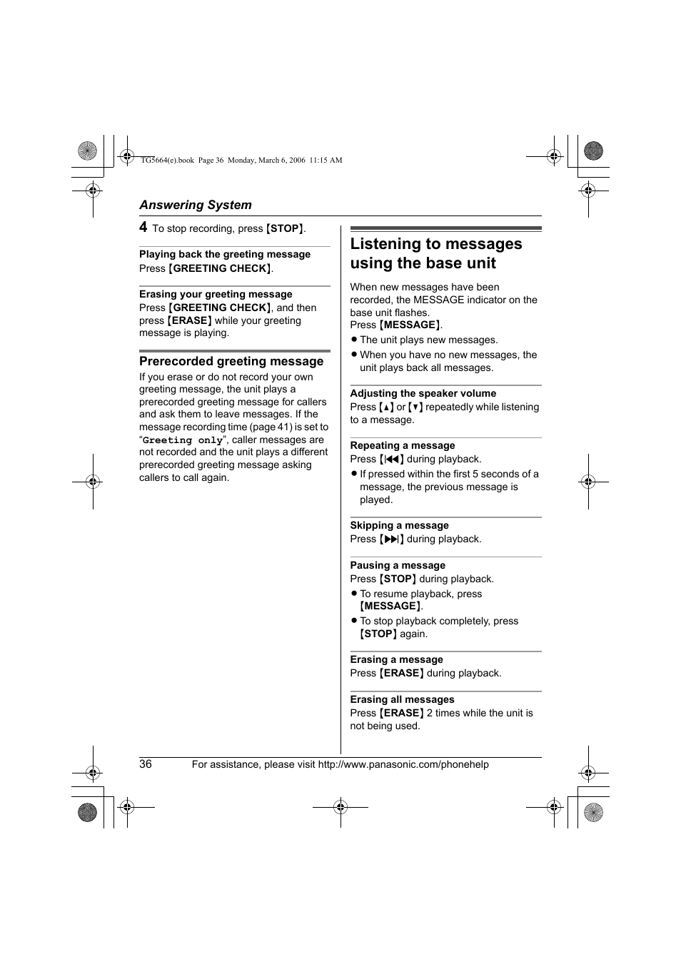 Listening to messages using the handset, Listening to messages using the base unit | Panasonic KX-TG5664 User Manual | Page 36 / 64