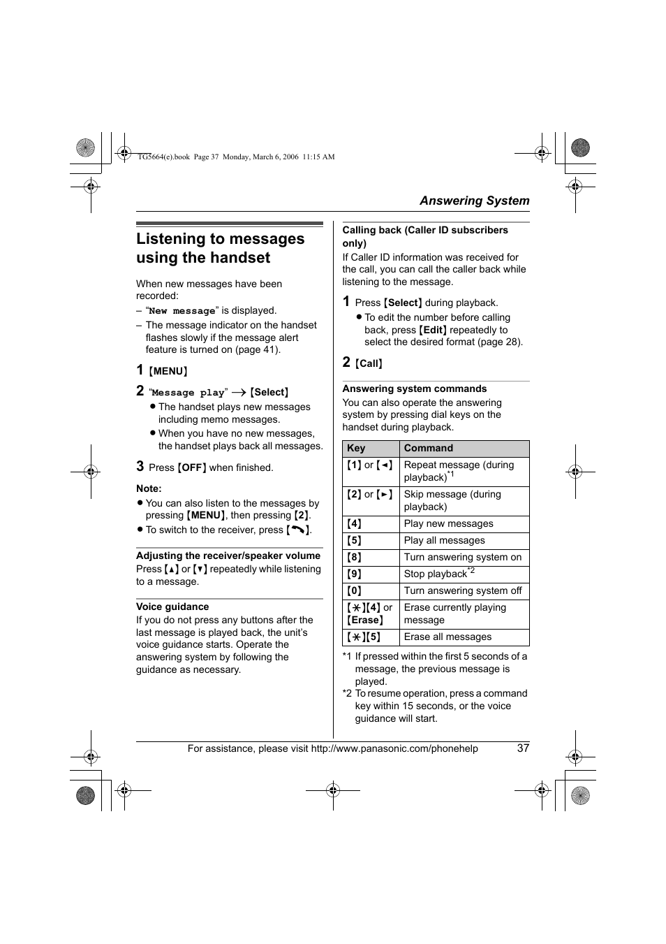 Listening to messages using the handset | Panasonic KX-TG5664 User Manual | Page 37 / 64