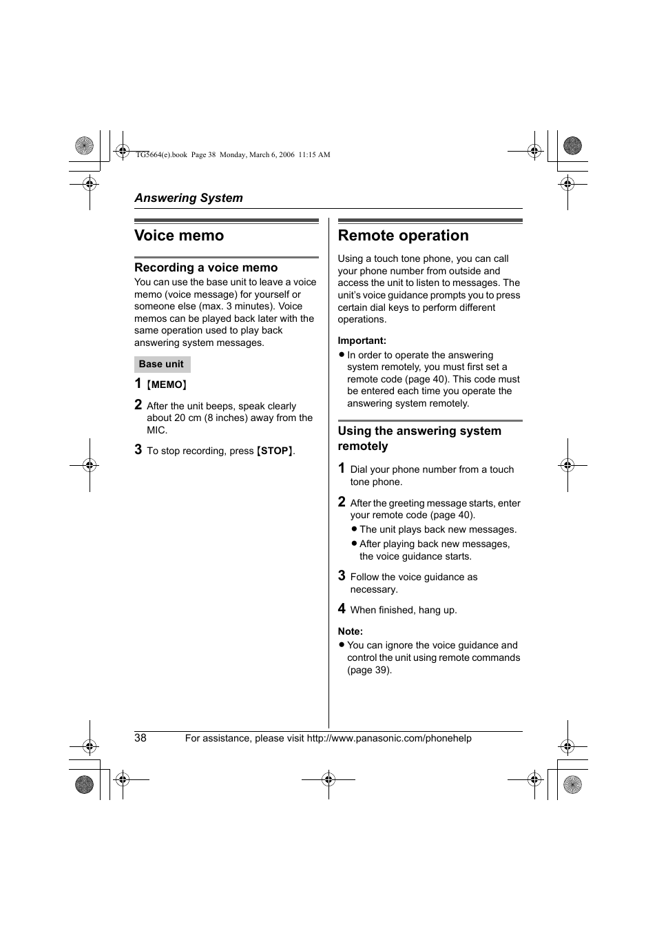 Voice memo, Remote operation | Panasonic KX-TG5664 User Manual | Page 38 / 64