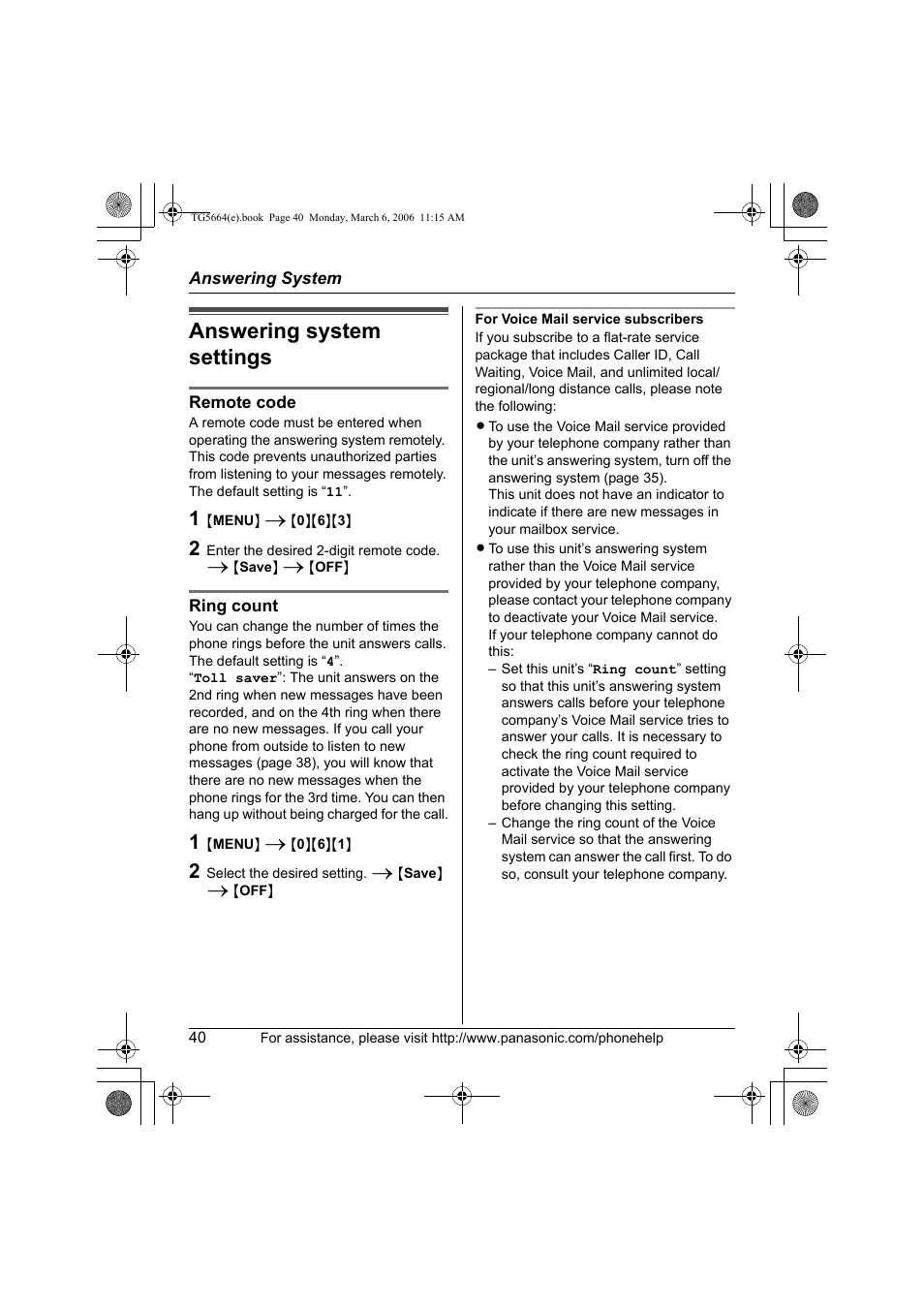 Answering system, Answering system settings | Panasonic KX-TG5664 User Manual | Page 40 / 64