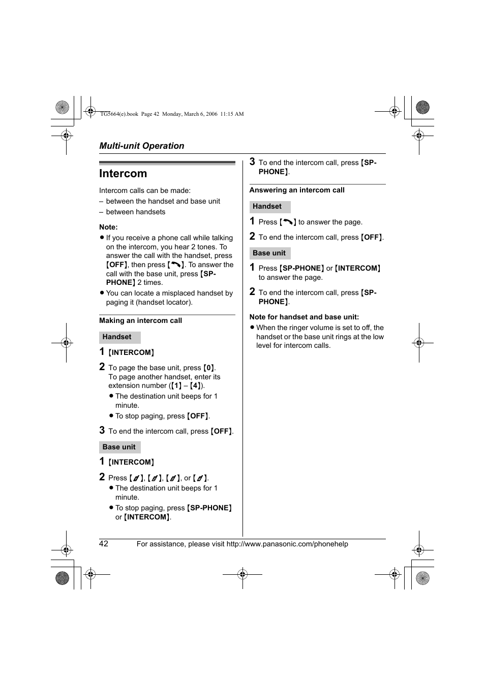 Multi-unit operation, Intercom | Panasonic KX-TG5664 User Manual | Page 42 / 64