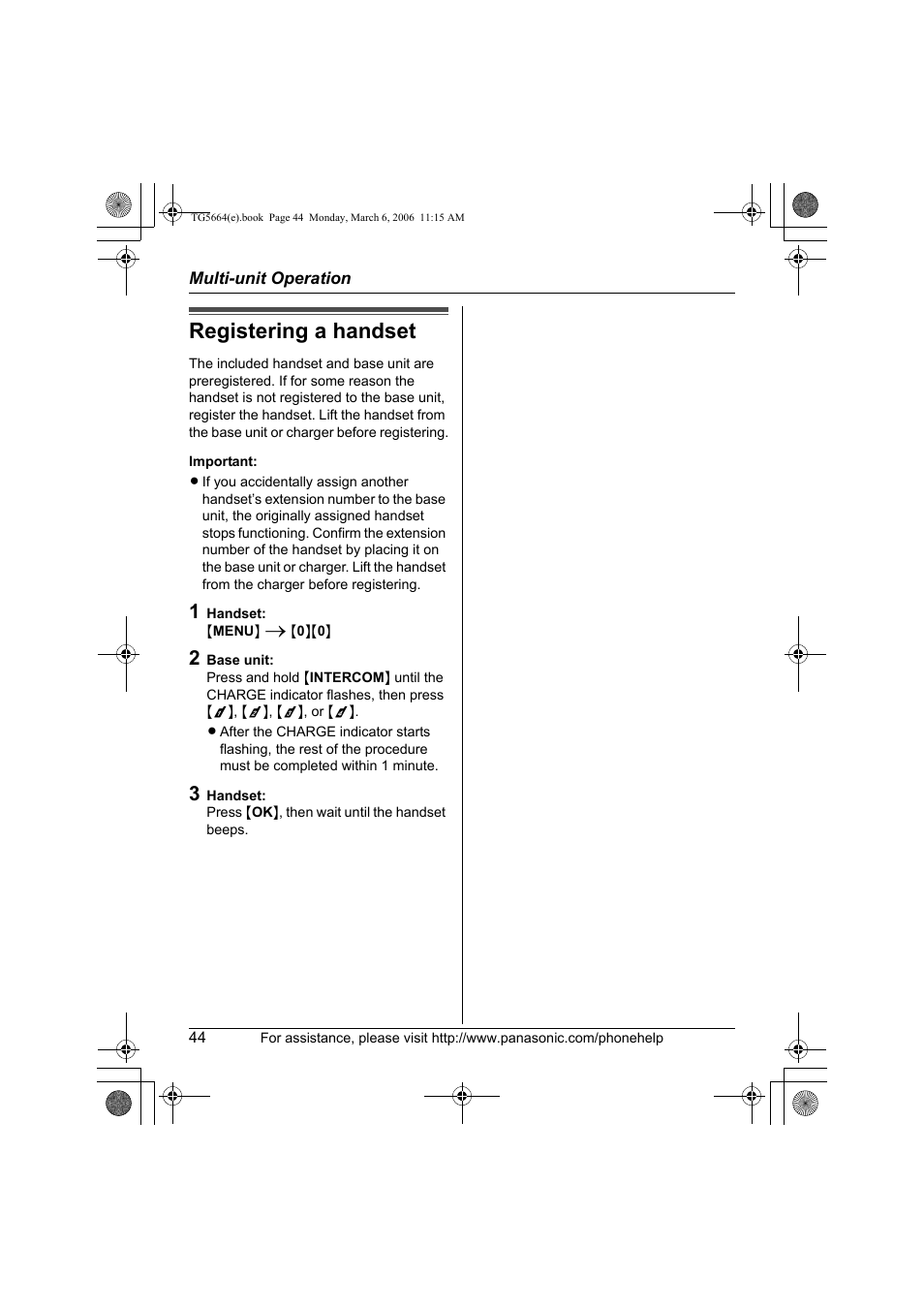 Registering a handset | Panasonic KX-TG5664 User Manual | Page 44 / 64