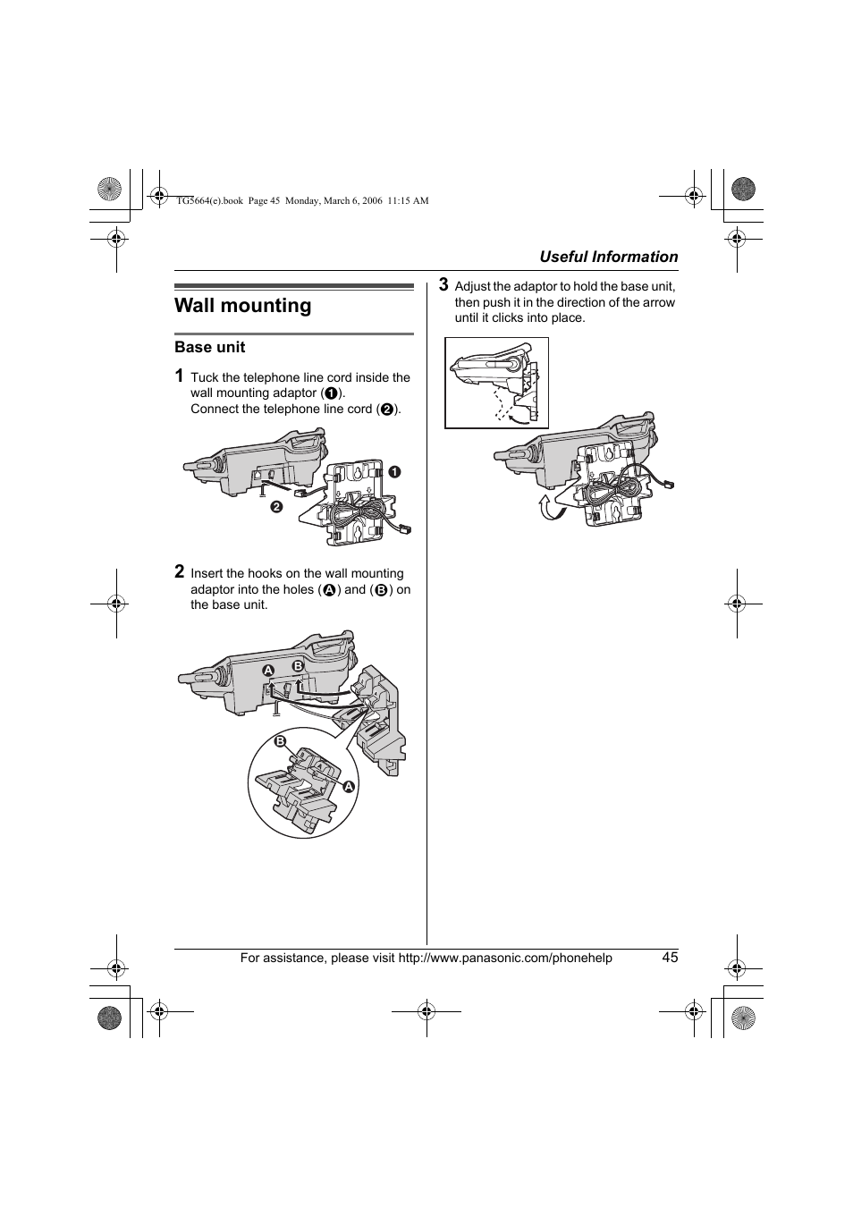 Useful information, Wall mounting | Panasonic KX-TG5664 User Manual | Page 45 / 64