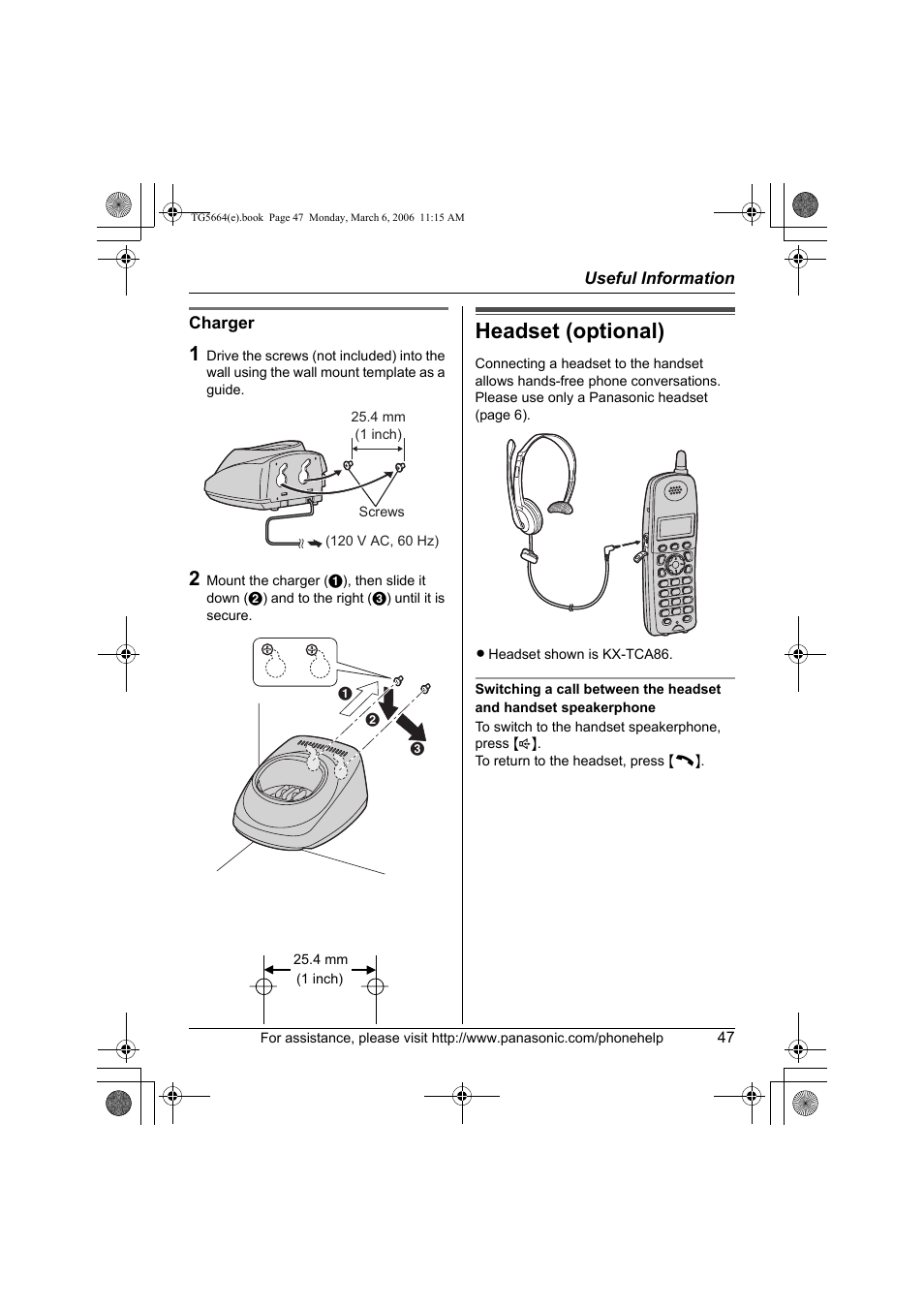 Headset (optional) | Panasonic KX-TG5664 User Manual | Page 47 / 64