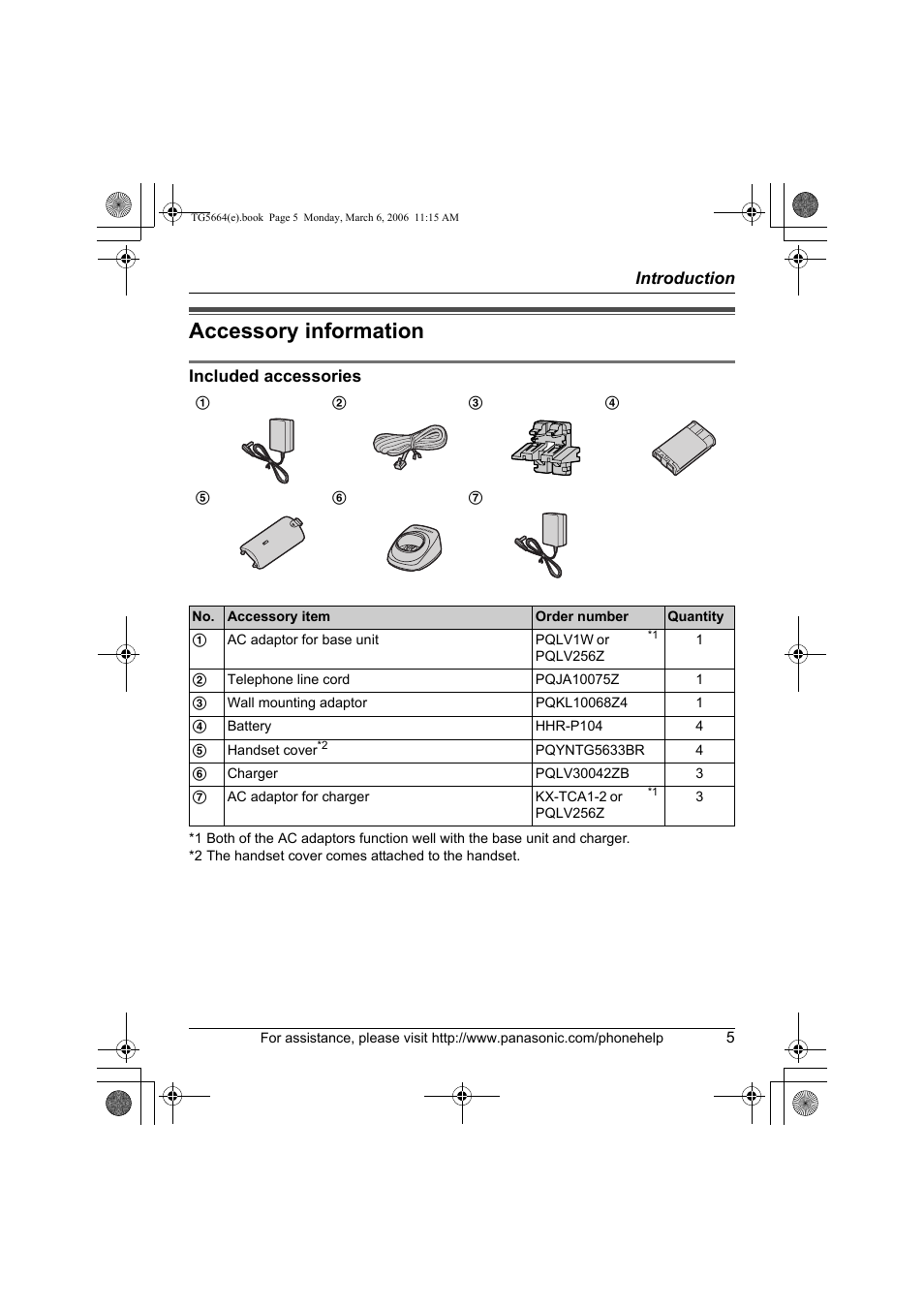 Accessory information | Panasonic KX-TG5664 User Manual | Page 5 / 64