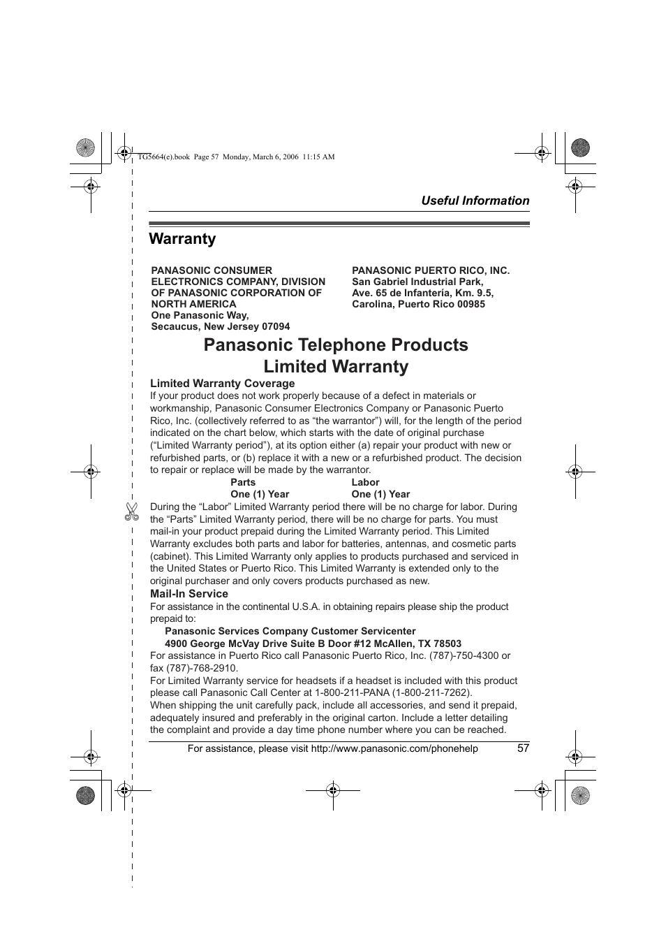 Warranty, Panasonic telephone products limited warranty | Panasonic KX-TG5664 User Manual | Page 57 / 64