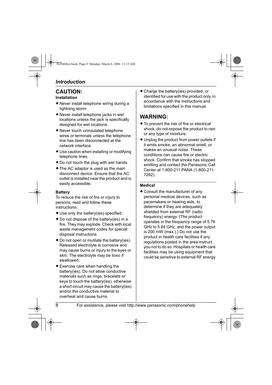 Caution, Warning | Panasonic KX-TG5664 User Manual | Page 8 / 64