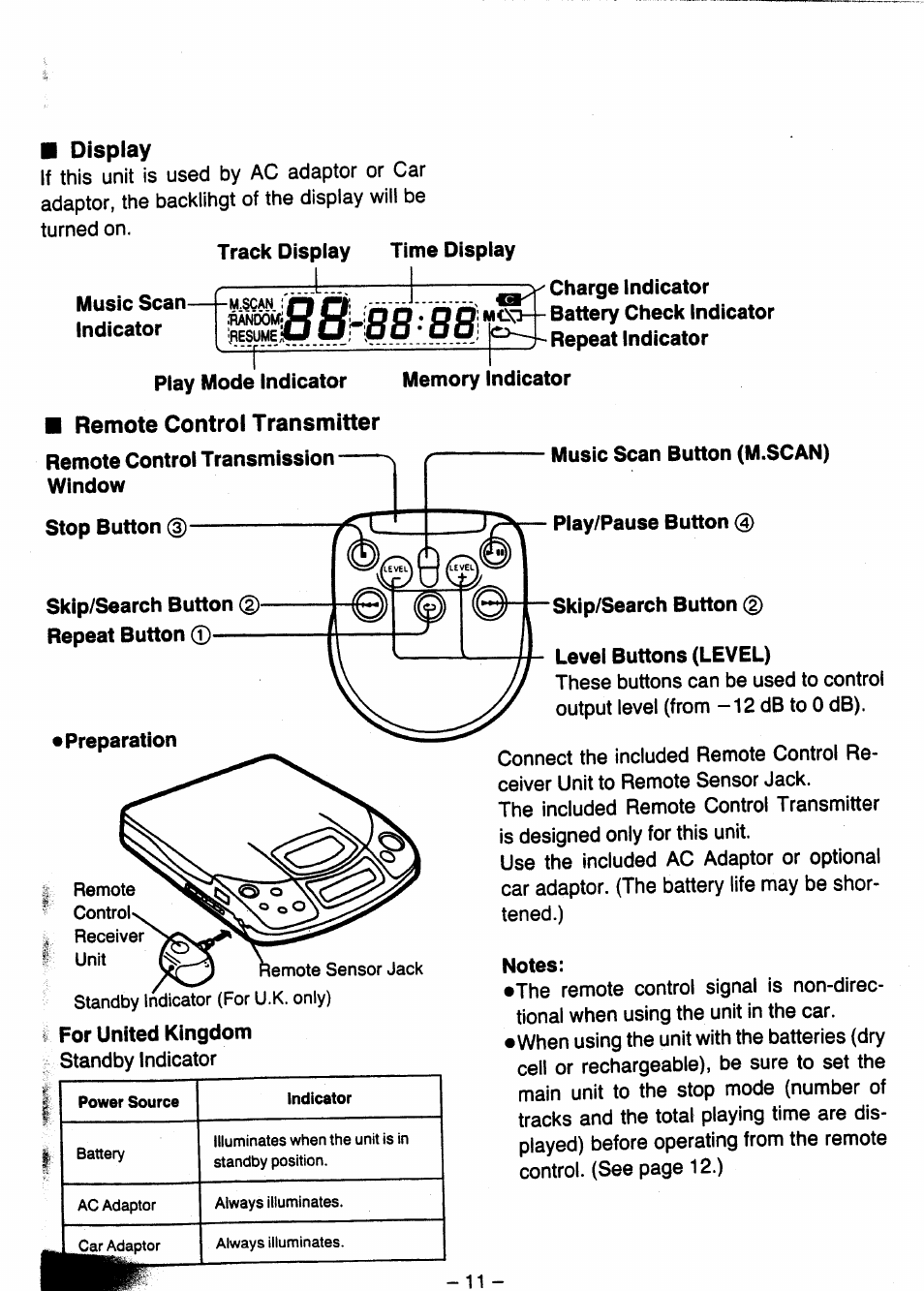 Display, Music scan- indicator, Repeat indicator | Play mode indicator, Remote control transmitter, Memory indicator, Remote control transmission window, Stop button q, Skip/search button repeat button 0, Music scan button (m.scan) | Panasonic SL-XP505 User Manual | Page 11 / 20