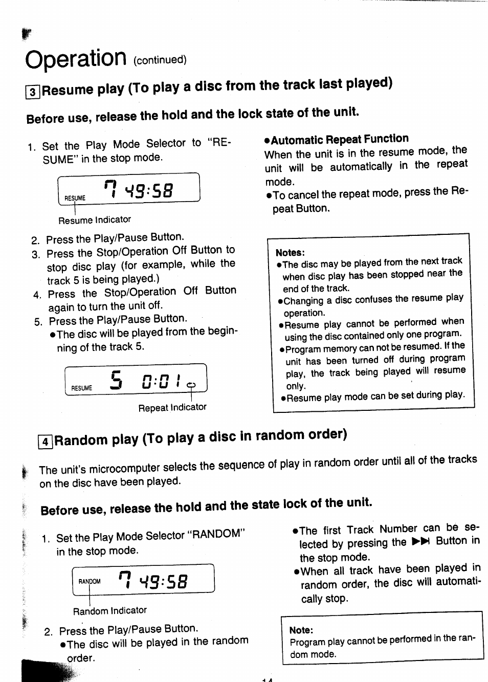 Automatic repeat function, Operation, Ws-ss | T]random play (to play a disc in random order) | Panasonic SL-XP505 User Manual | Page 14 / 20