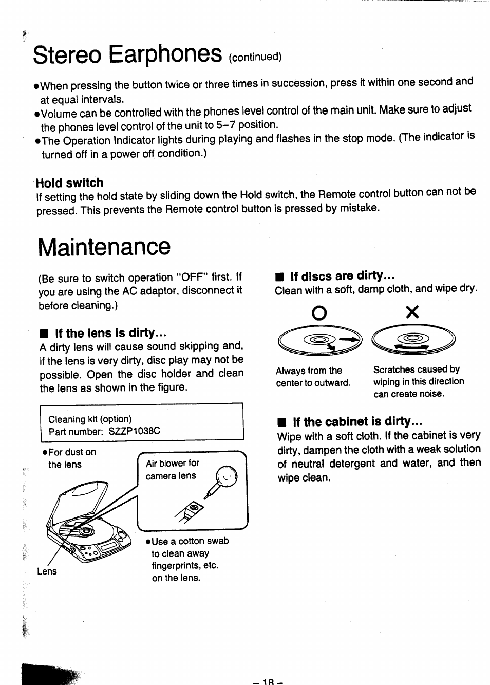 Hold switch, If discs are dirty, If the lens is dirty | If the cabinet is dirty, Stereo earphones, Maintenance | Panasonic SL-XP505 User Manual | Page 18 / 20