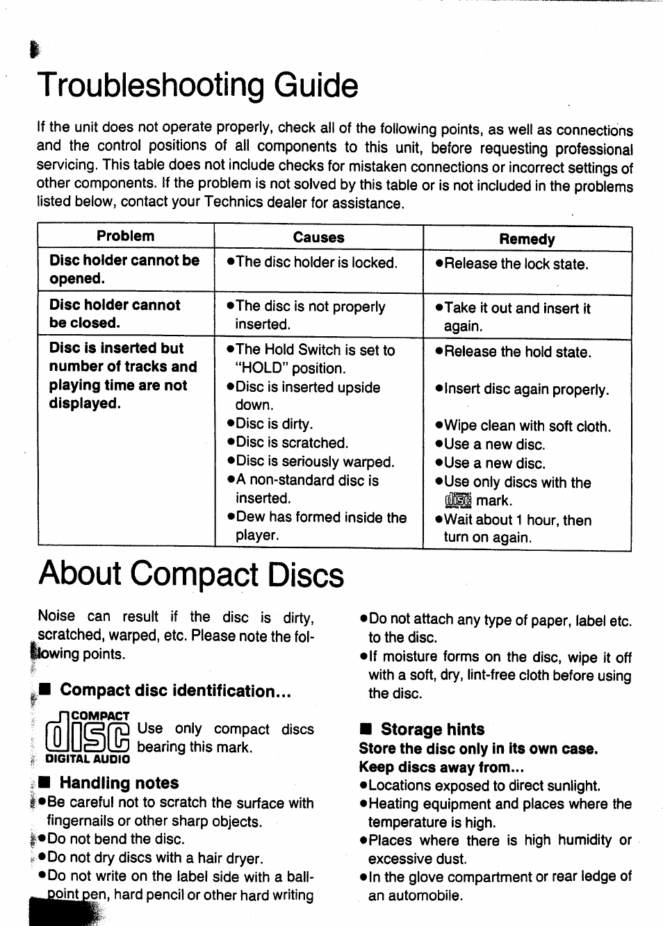Ji compact disc identification, Handling notes, Storage hints | Troubleshooting guide, About compact discs | Panasonic SL-XP505 User Manual | Page 19 / 20