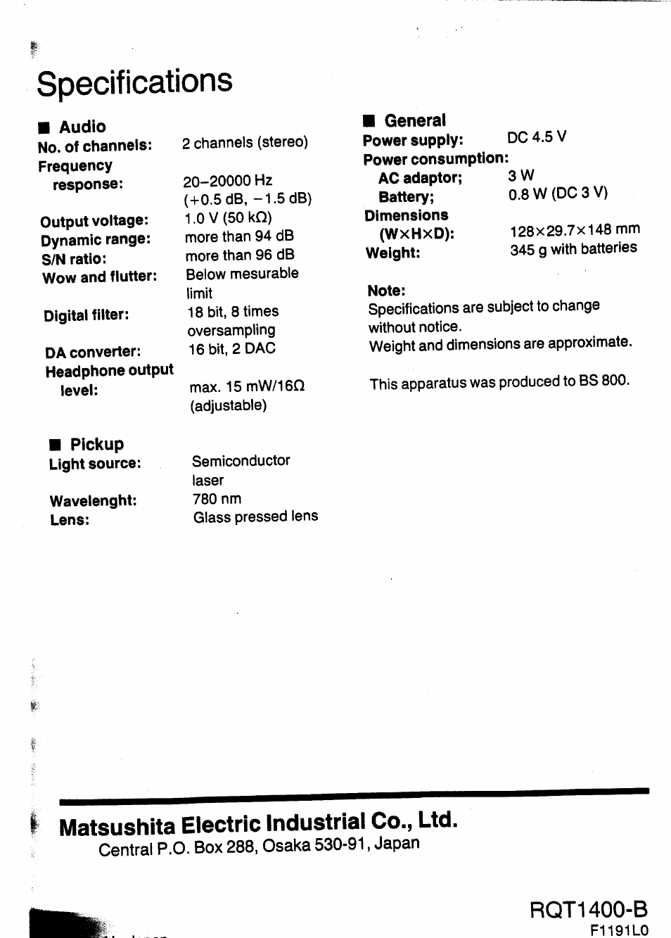 Specifications, Rqt1400-b, Matsushita electric industrial co., ltd | Audio ■ general, Pickup | Panasonic SL-XP505 User Manual | Page 20 / 20