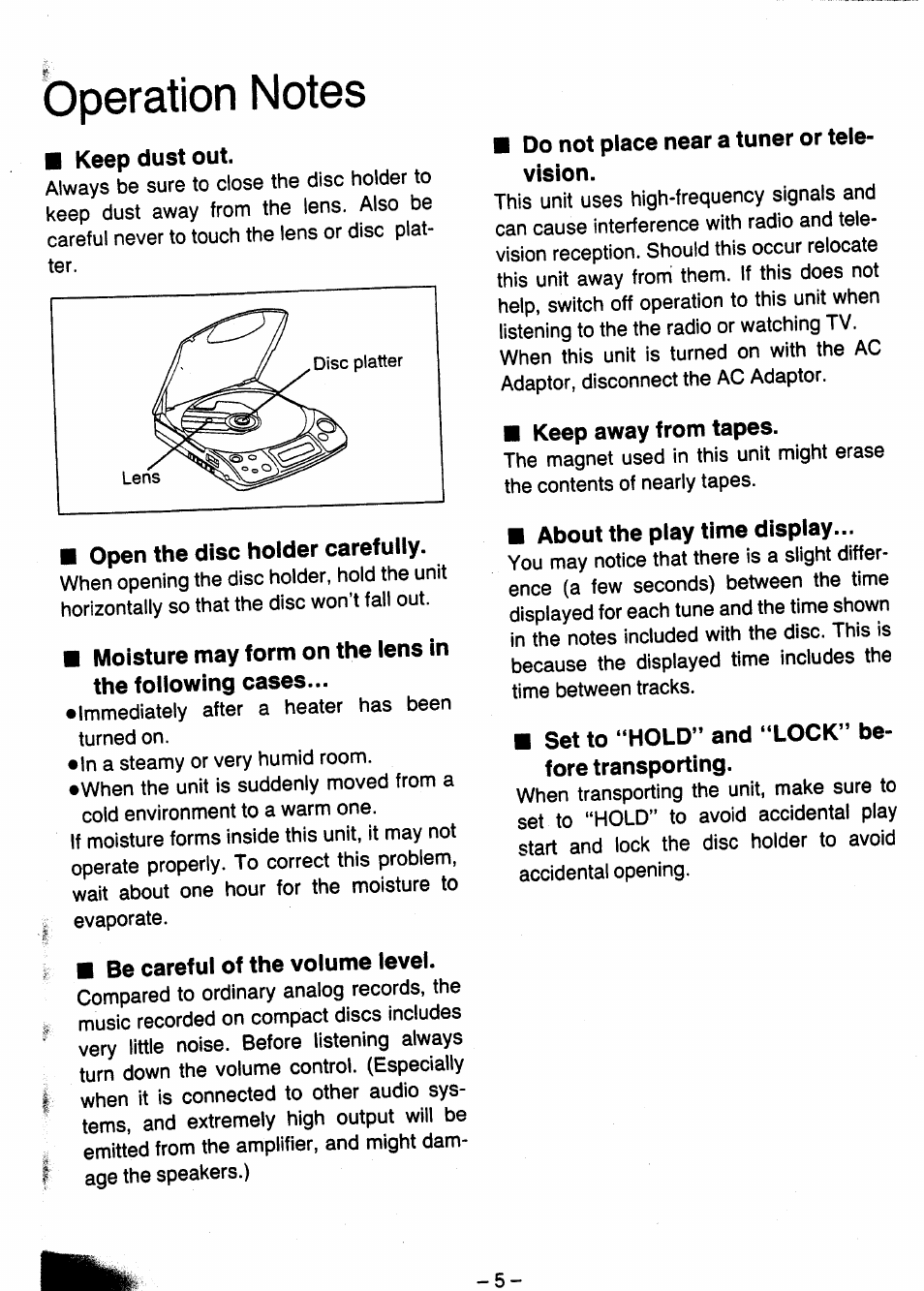 Operation notes, Keep dust out, Open the disc holder carefully | Be careful of the volume level, Do not place near a tuner or television, Keep away from tapes, About the play time display, Set to “hold” and “lock” before transporting, Do not place near a tuner or tele­ vision, Set to “hold” and “lock” be­ fore transporting | Panasonic SL-XP505 User Manual | Page 5 / 20