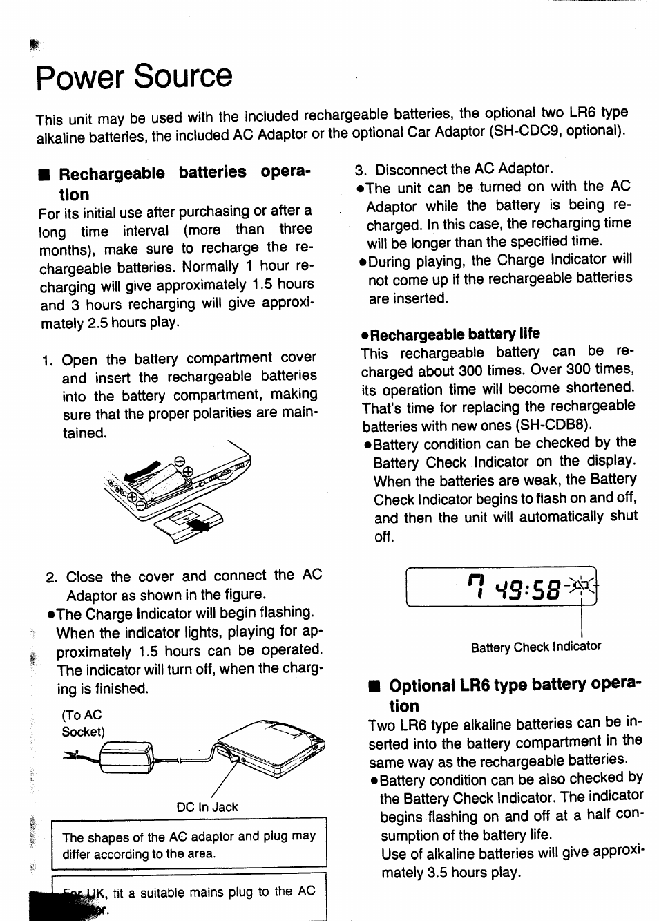 Rechargeable batteries operation, Rechargeable battery life, Optional lr6 type battery operation | Power source, Fs ss, Rechargeable batteries opera­ tion, Optional lr6 type battery opera­ tion | Panasonic SL-XP505 User Manual | Page 6 / 20