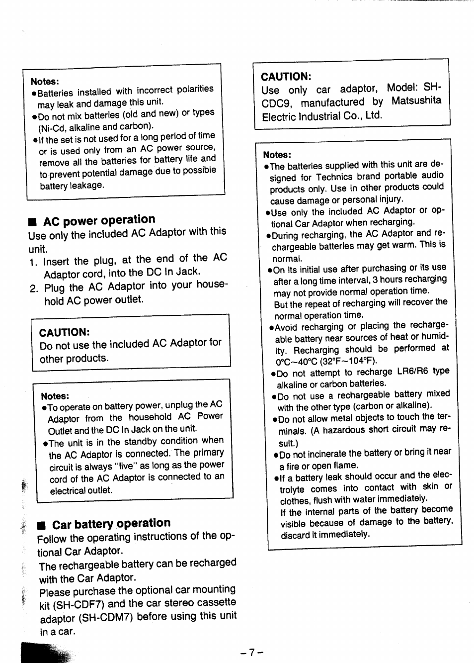 Notes, Ac power operation, Caution | Car battery operation | Panasonic SL-XP505 User Manual | Page 7 / 20