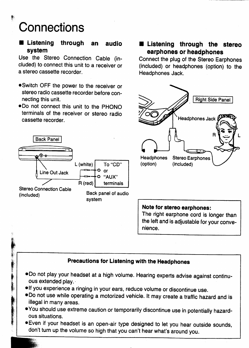 Connections, Listening through an audio system, Note for stereo earphones | Precautions for listening with the headphones | Panasonic SL-XP505 User Manual | Page 8 / 20