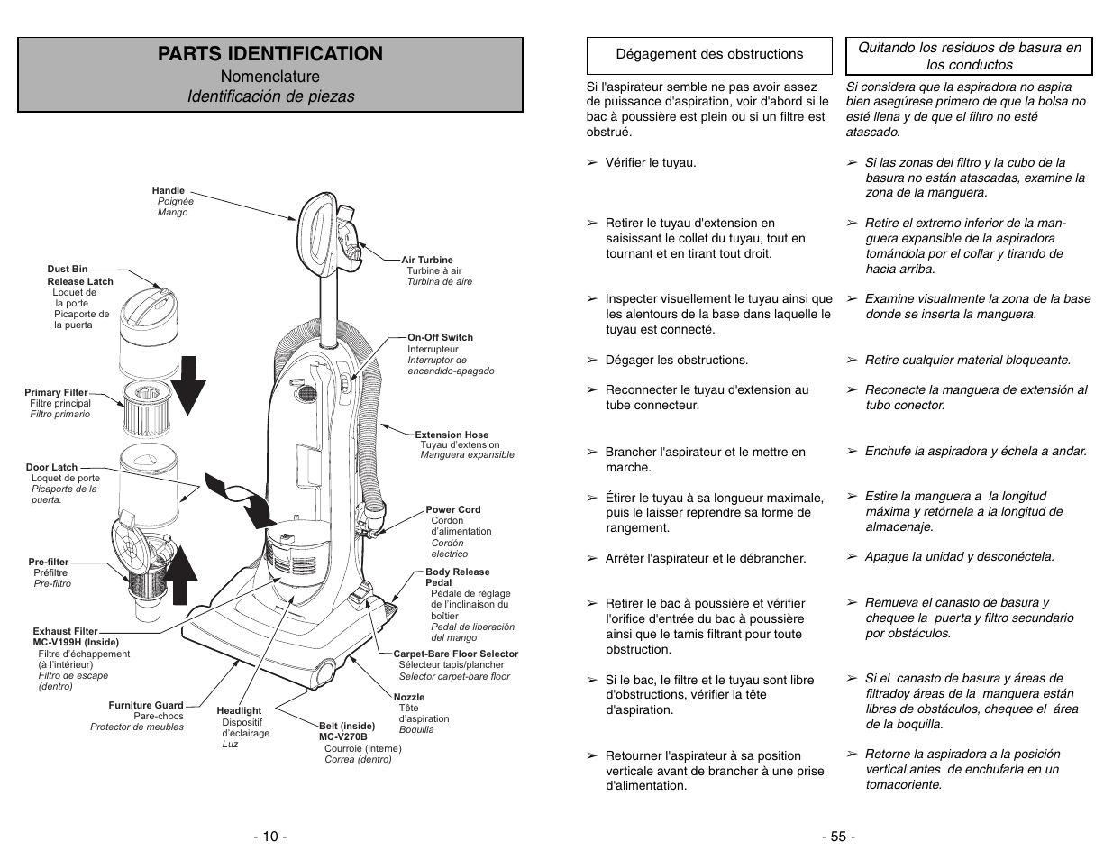 Parts identification, Nomenclature, Identificación de piezas | Nomenclature identificación de piezas | Panasonic MC-UL675 User Manual | Page 10 / 64