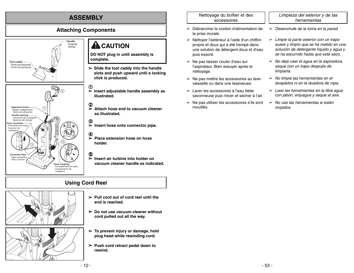 Assembly, Attaching components, Using cord reel | Caution | Panasonic MC-UL675 User Manual | Page 12 / 64