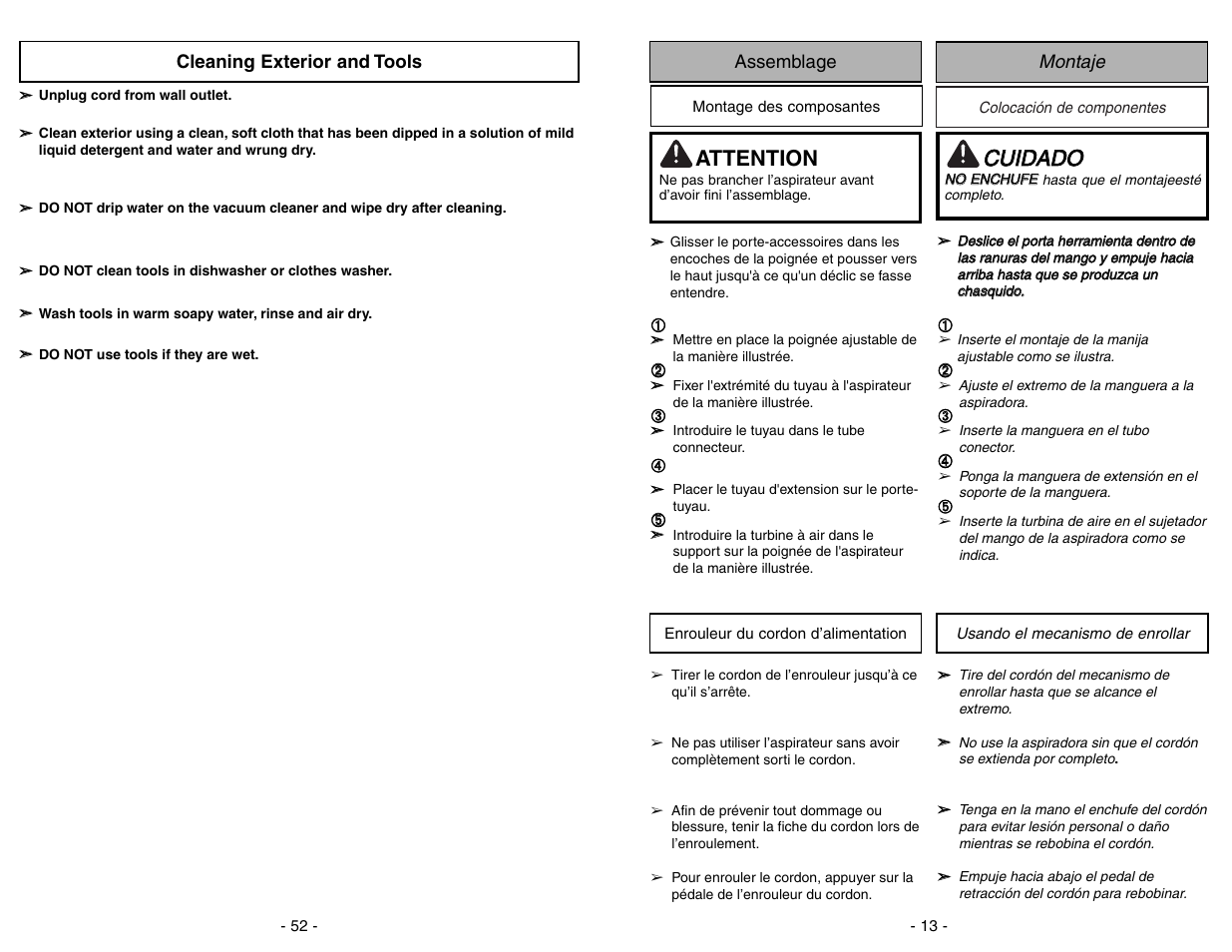 Assemblage, Montage des composantes, Enrouleur du cordon d’alimentation | Montaje, Colocación de componentes, Usando el mecanismo de enrollar, Ccu uiid da ad do o, Attention | Panasonic MC-UL675 User Manual | Page 13 / 64