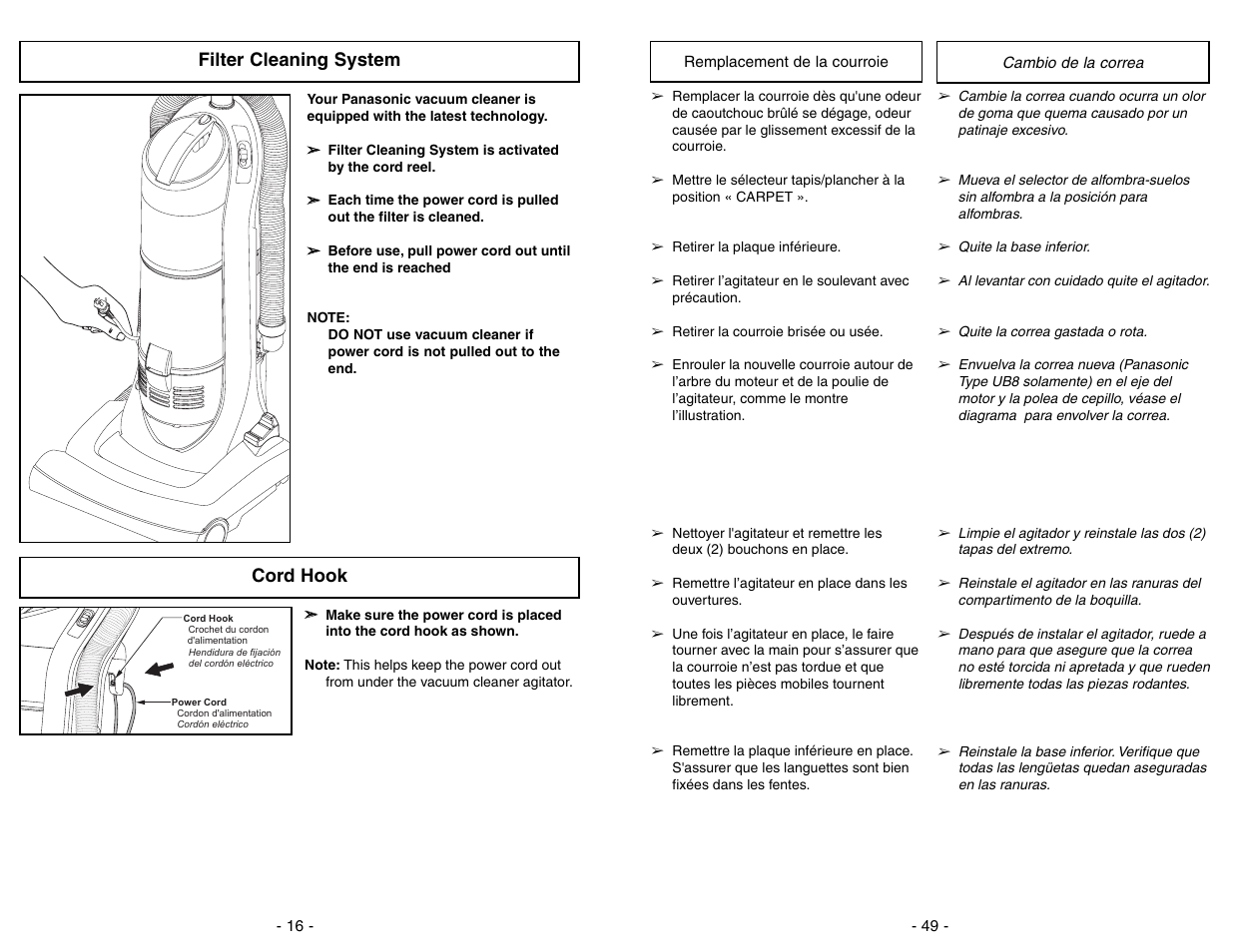 Filter cleaning system, Cord hook, Cord hook filter cleaning system | Panasonic MC-UL675 User Manual | Page 16 / 64