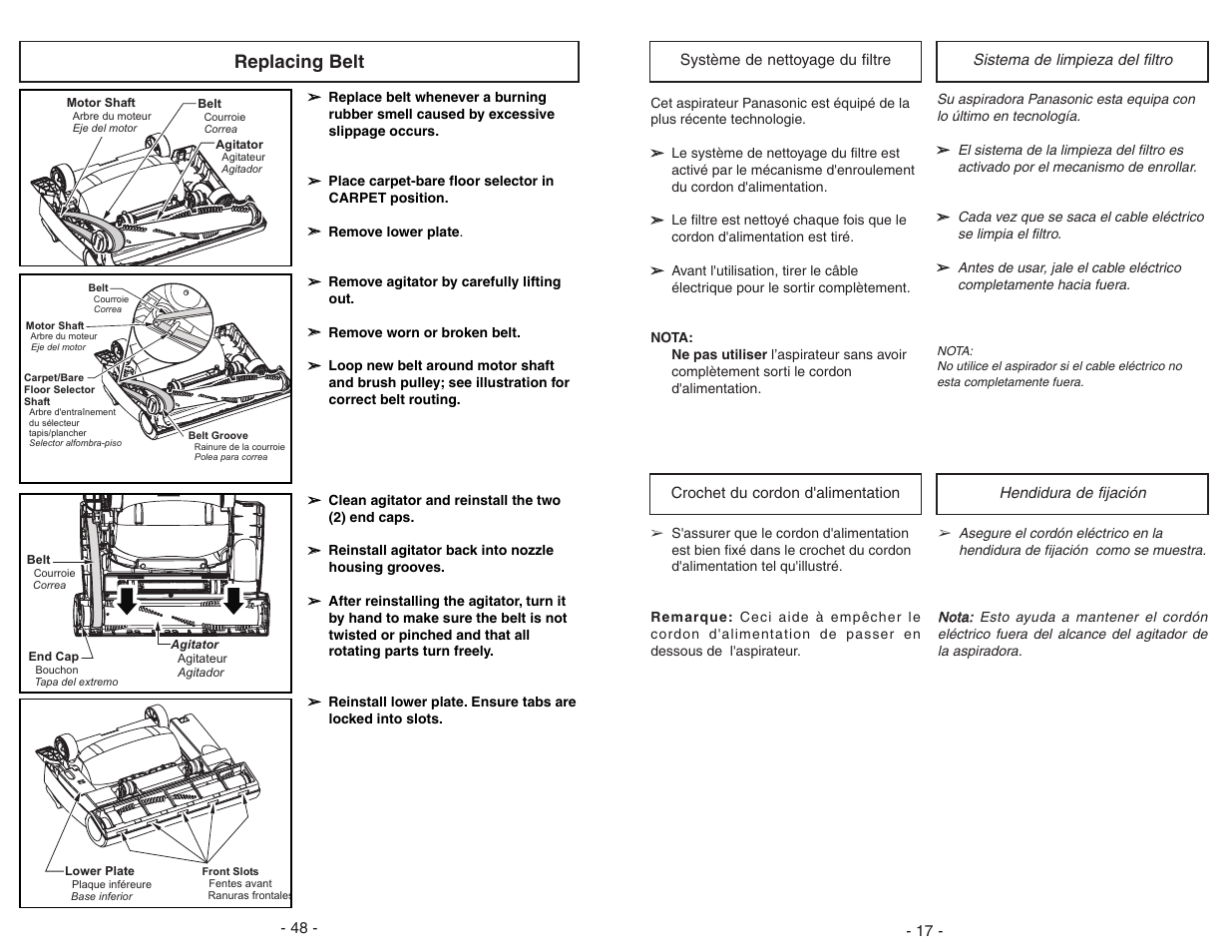 Système de nettoyage du filtre, Crochet du cordon d'alimentation, Sistema de limpieza del filtro | Hendidura de fijación, Replacing belt | Panasonic MC-UL675 User Manual | Page 17 / 64