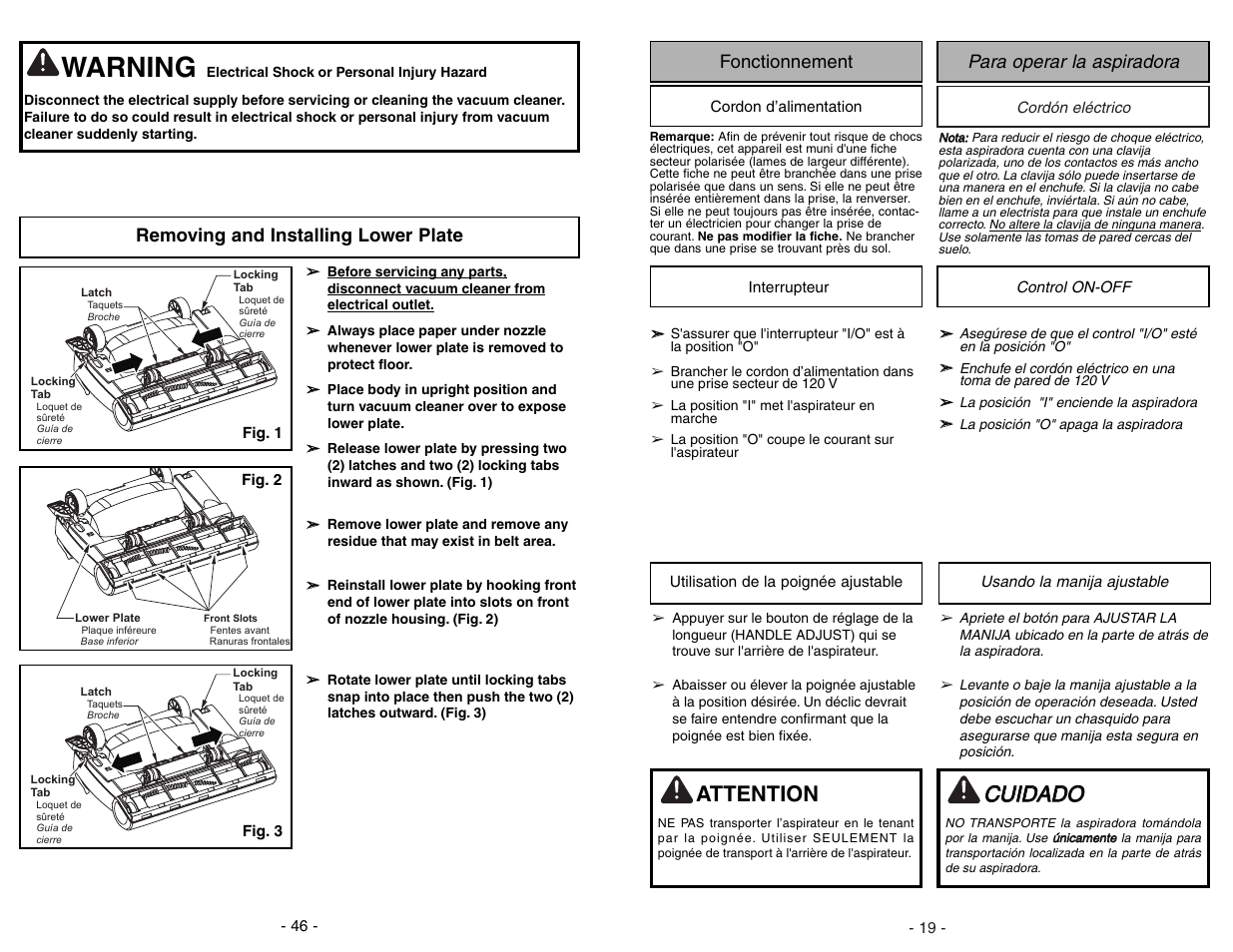 Fonctionnement, Cordon d’alimentation, Interrupteur | Utilisation de la poignée ajustable, Para operar la aspiradora, Cordón eléctrico, Control on / off, Usando la manija ajustable, Warning, Ccu uiid da ad do o | Panasonic MC-UL675 User Manual | Page 19 / 64