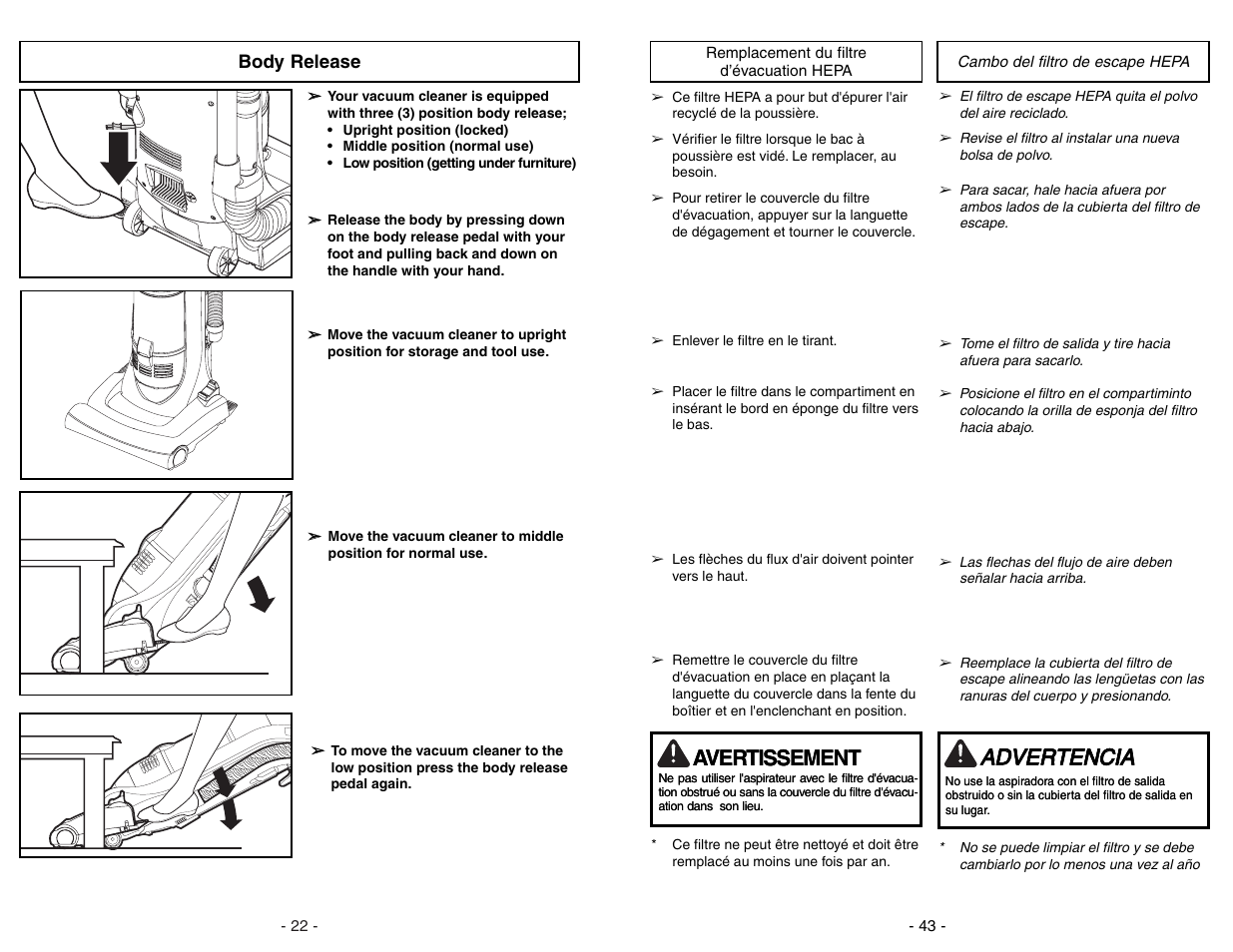 Body release, Aad dv ve er rt te en nc ciia a, Avertissement | Panasonic MC-UL675 User Manual | Page 22 / 64