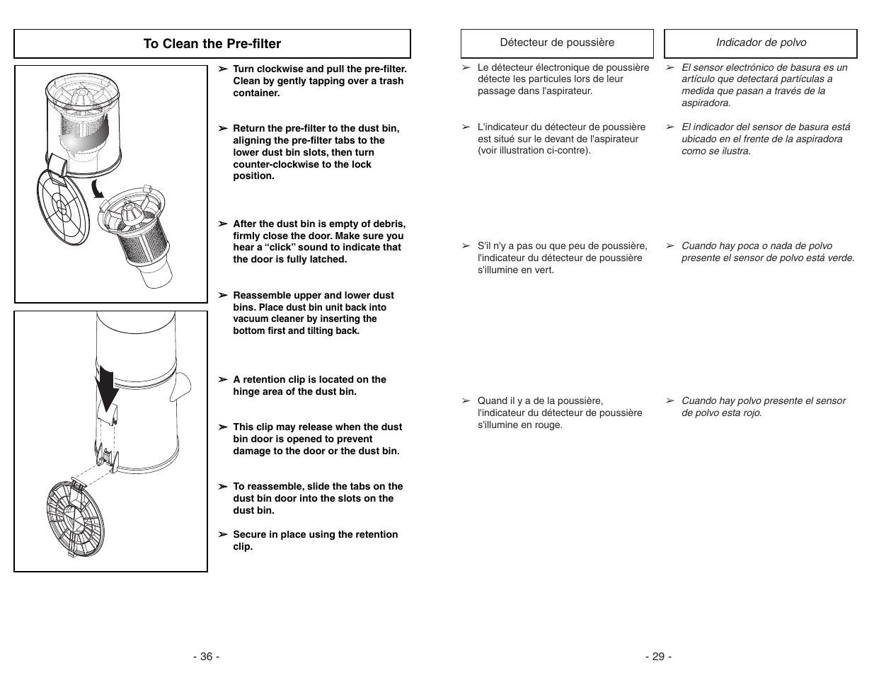 Détecteur de poussière, Indicador de polvo | Panasonic MC-UL675 User Manual | Page 29 / 64