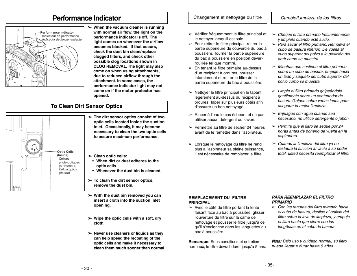 Performance indicator, To clean dirt sensor optics | Panasonic MC-UL675 User Manual | Page 30 / 64