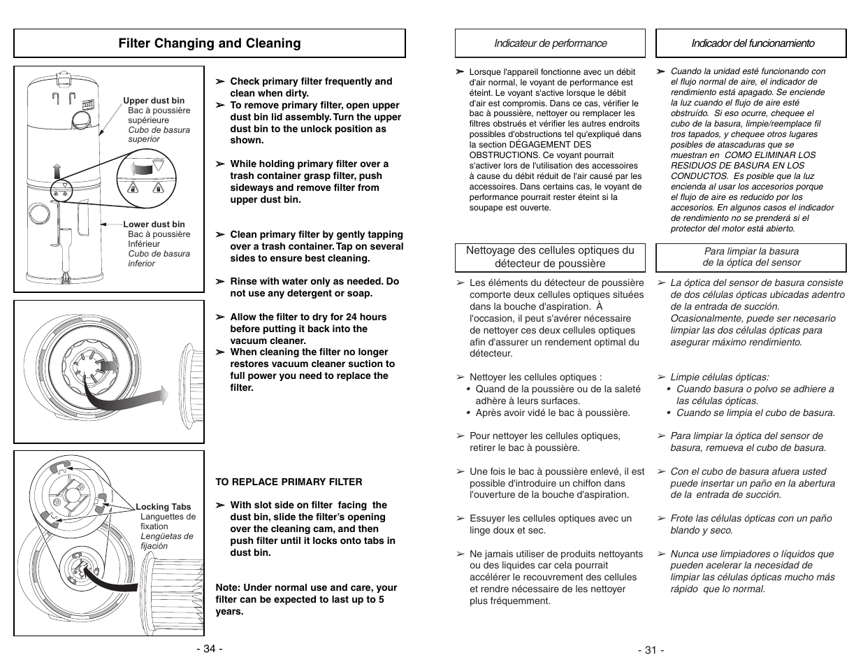 Indicateur de performance, Indicador de funcionamiento, Para limpiar la basurade la óptica del sensor | Filter changing and cleaning | Panasonic MC-UL675 User Manual | Page 31 / 64