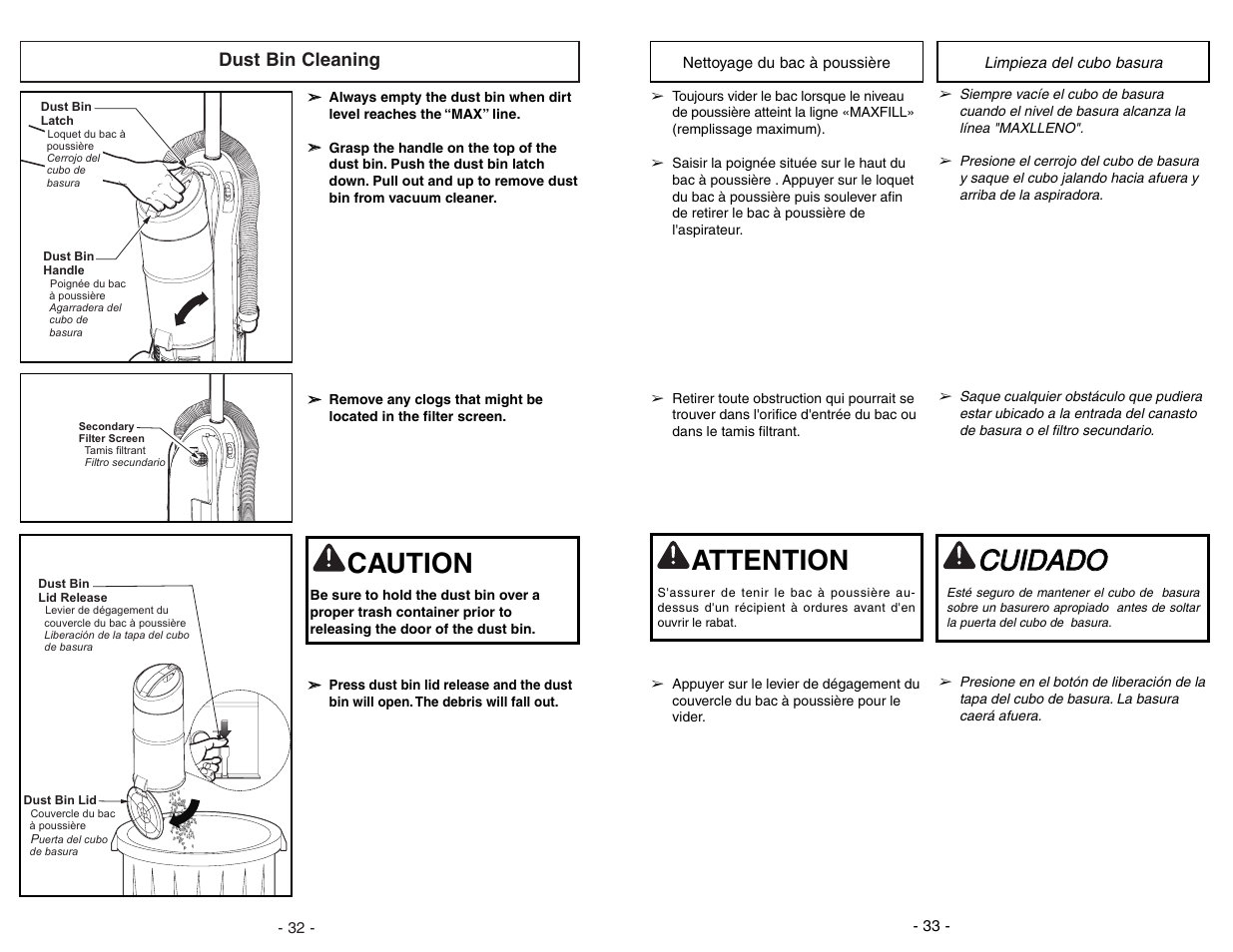 Dust bin cleaning, Ccu uiid da ad do o, Caution | Attention | Panasonic MC-UL675 User Manual | Page 32 / 64