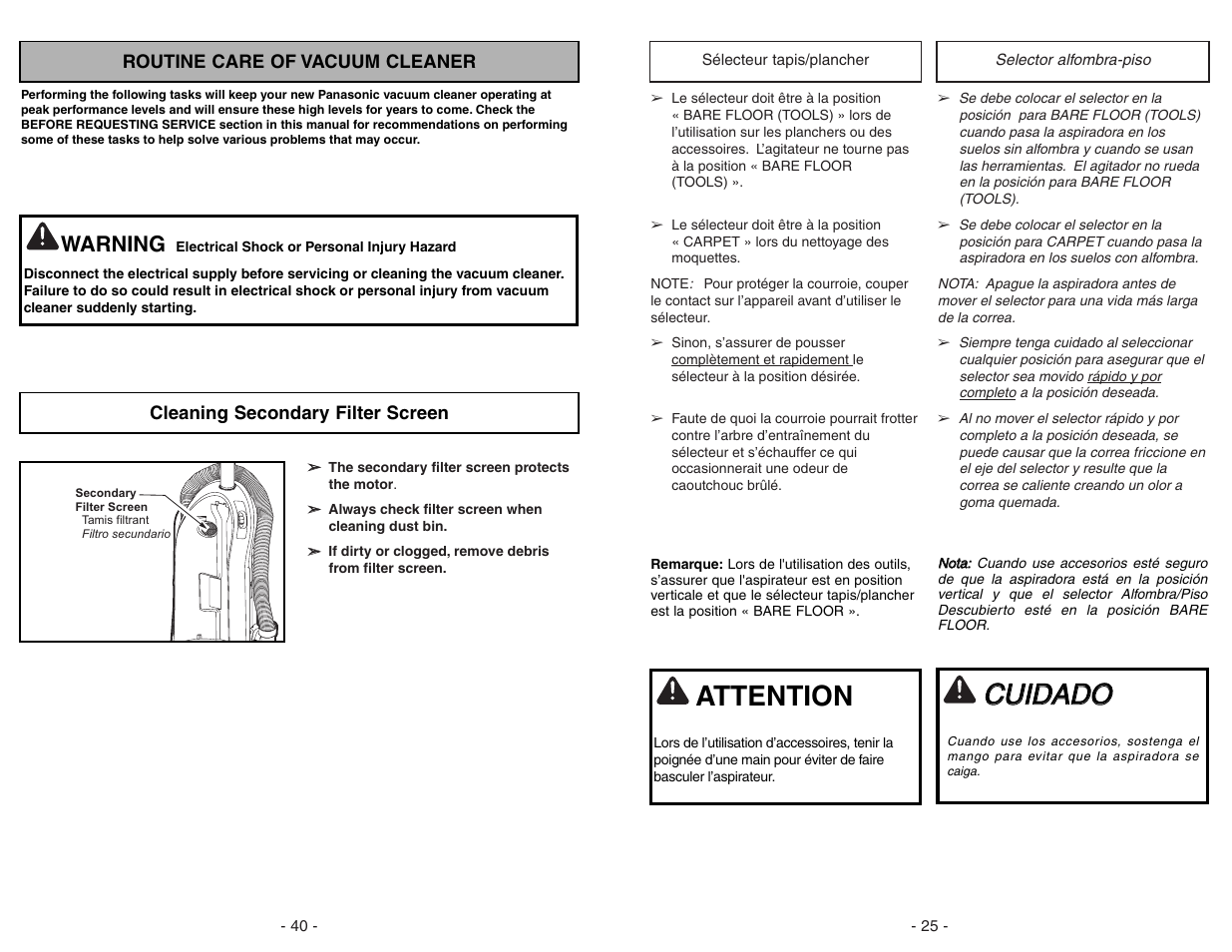 Routine care of vacuum cleaner, Cleaning secondary filter screen, Ccu uiid da ad do o | Attention, Warning | Panasonic MC-UL675 User Manual | Page 40 / 64