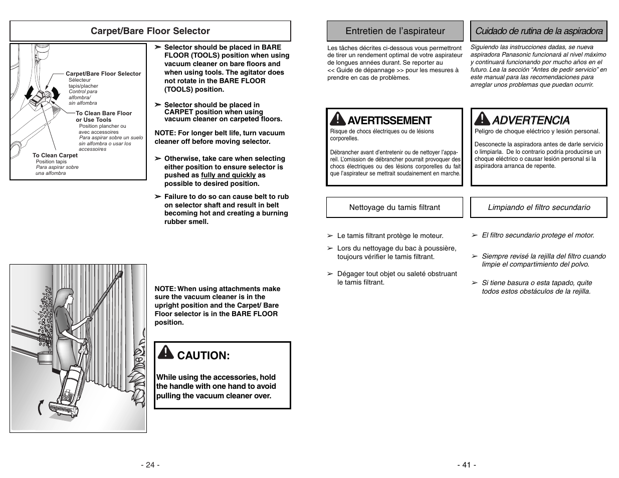 Entretien de l’aspirateur, Nettoyage du tamis filtrant, Cuidado de rutina de la aspiradora | Limpiando el filtrosecundario, Aad dv ve er rt te en nc ciia a, Avertissement, Caution | Panasonic MC-UL675 User Manual | Page 41 / 64